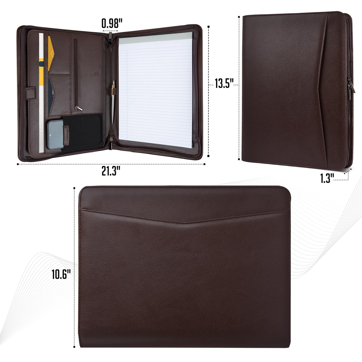 STYLIO Zipper Padfolio Portfolio Binder Organizer (Walnut Color) | Faux Leather Portfolio for