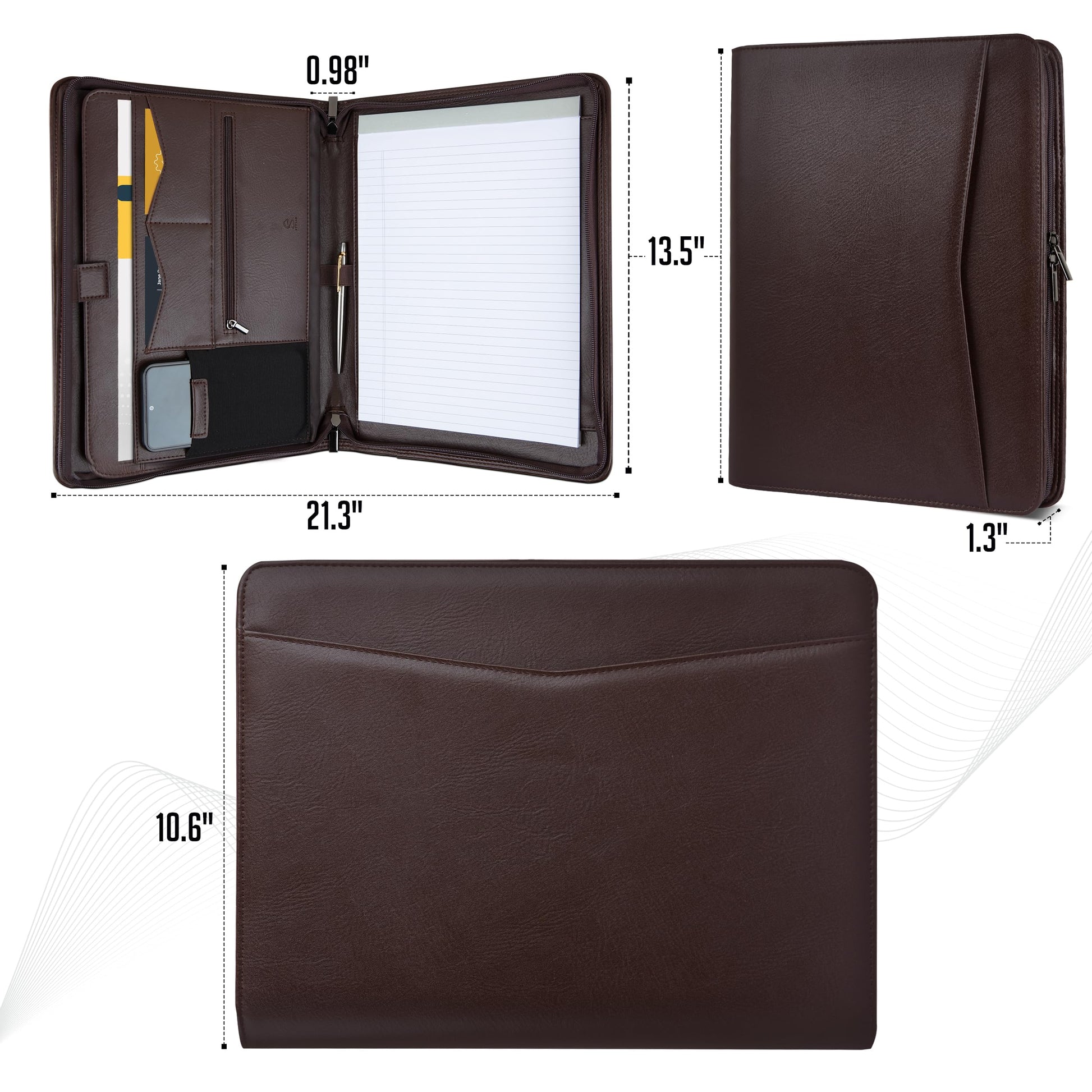 STYLIO Zipper Padfolio Portfolio Binder Organizer (Walnut Color) | Faux Leather Portfolio for