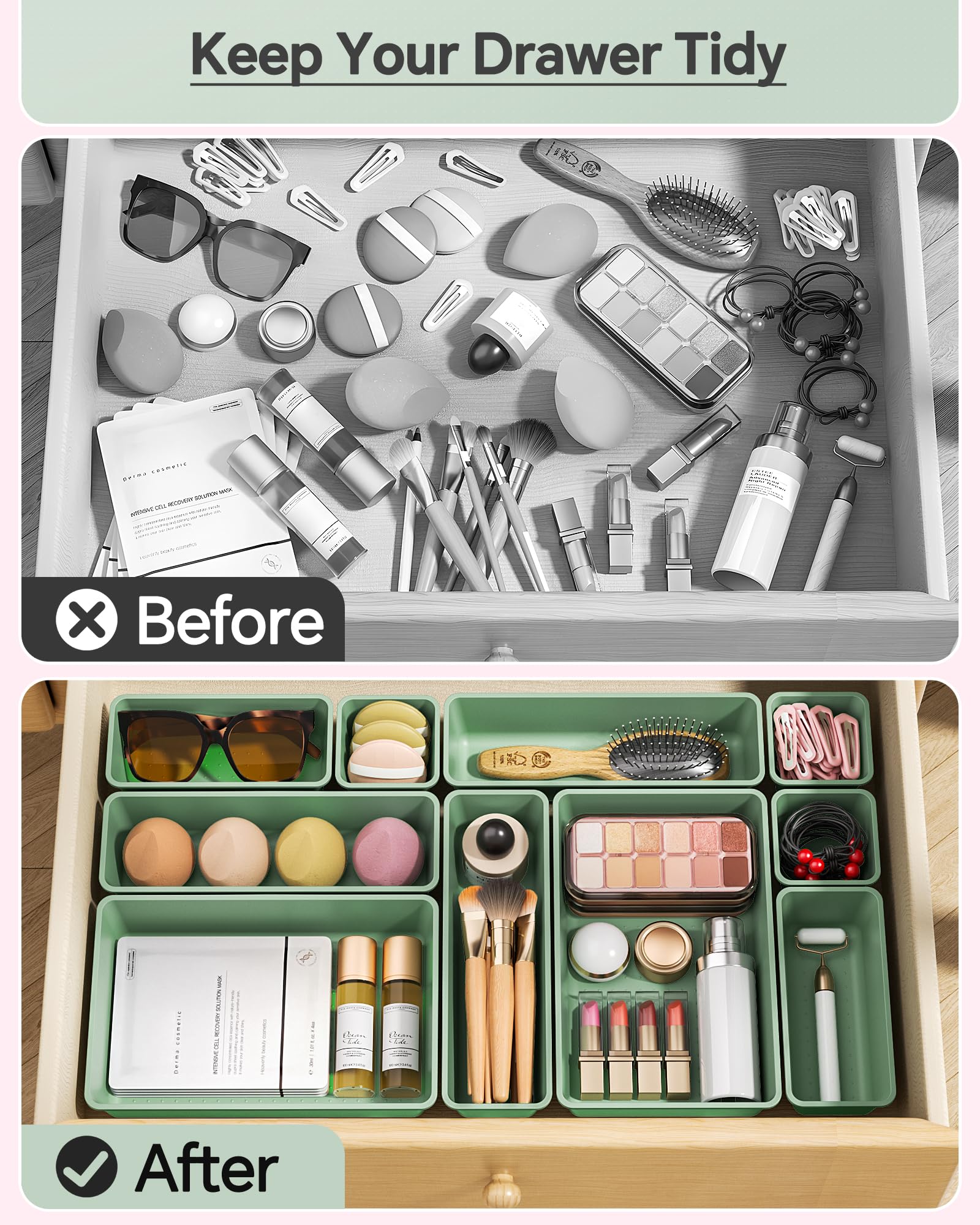 KEMETHY 25 PCS Plastic Drawer Organizers Set, 4 Sizes Vanity Organizer, Makeup and Desk Drawer