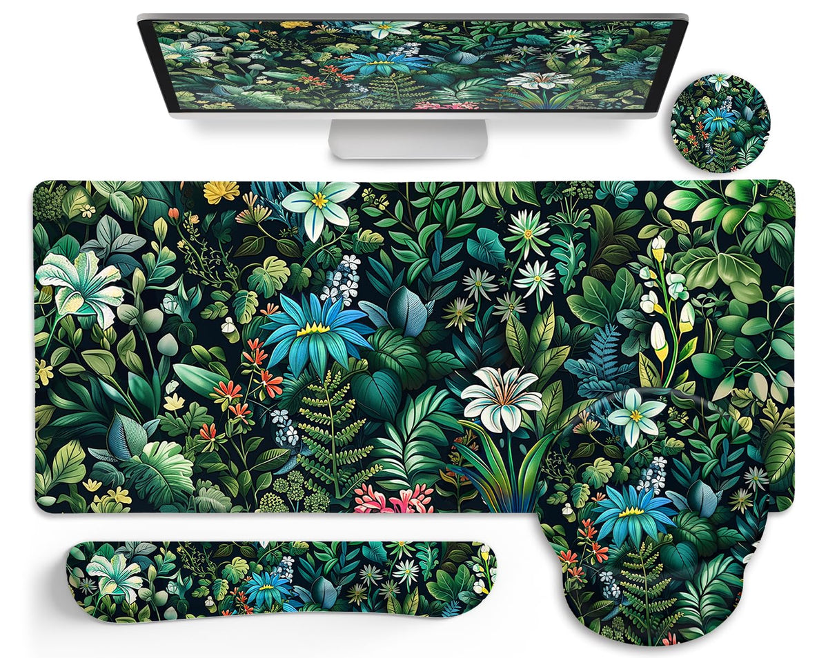 LIMKRIAN Floral Large Desk Mat Set, Green Mouse Pad with Wrist Rest
