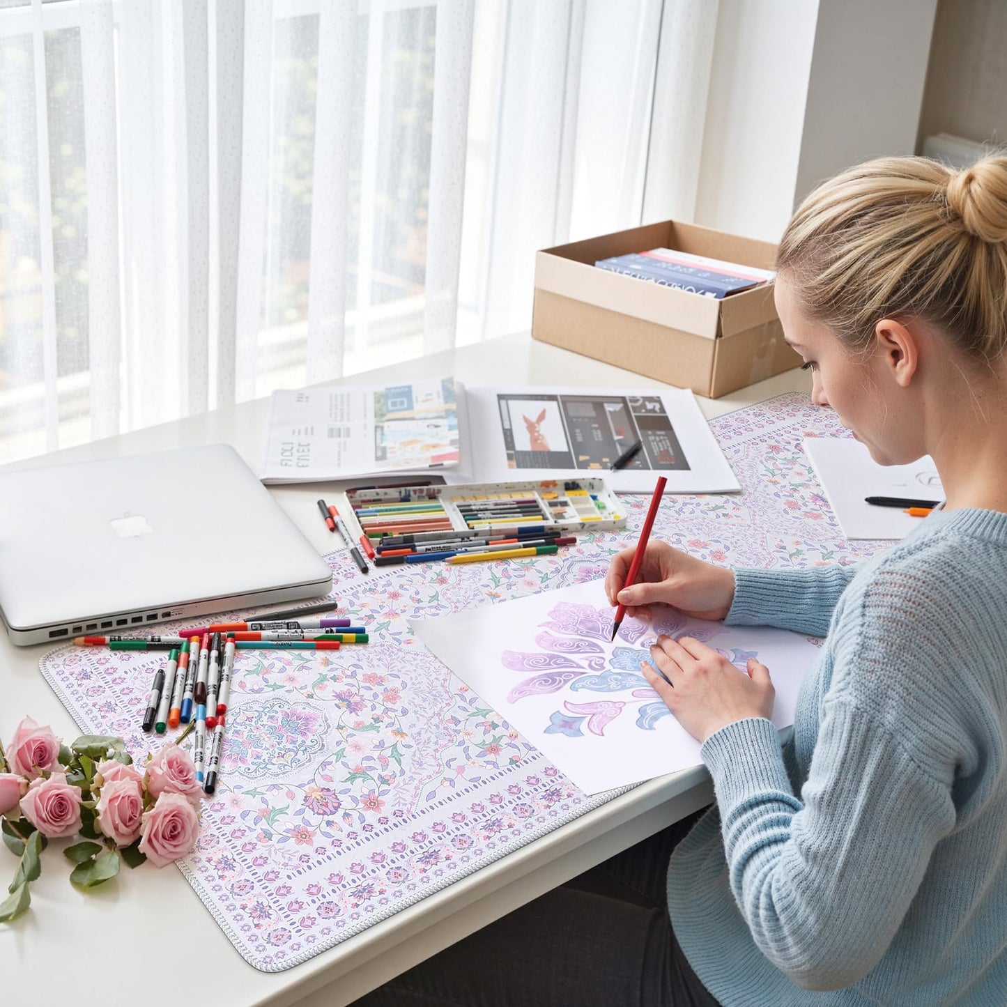 HAOCOO Purple Floral Desktop Mat, 35.4" x 15.7" Mouse Pad for Cubicle