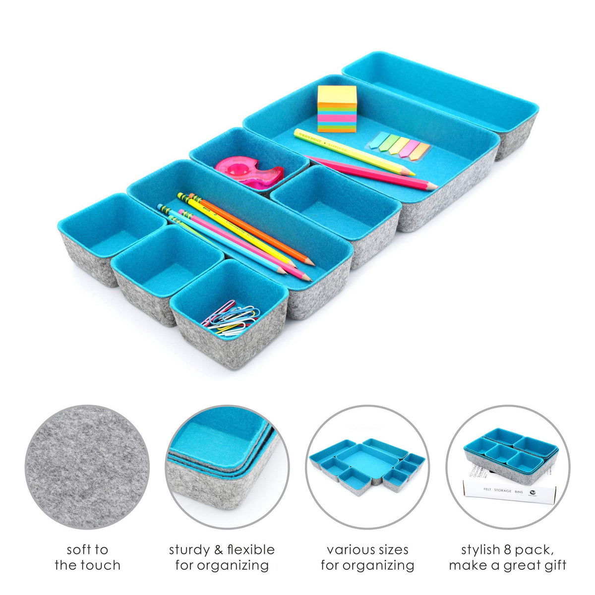Welaxy Minimalist Felt Desk Drawer Organizer 8pc Turquoise Storage Bins