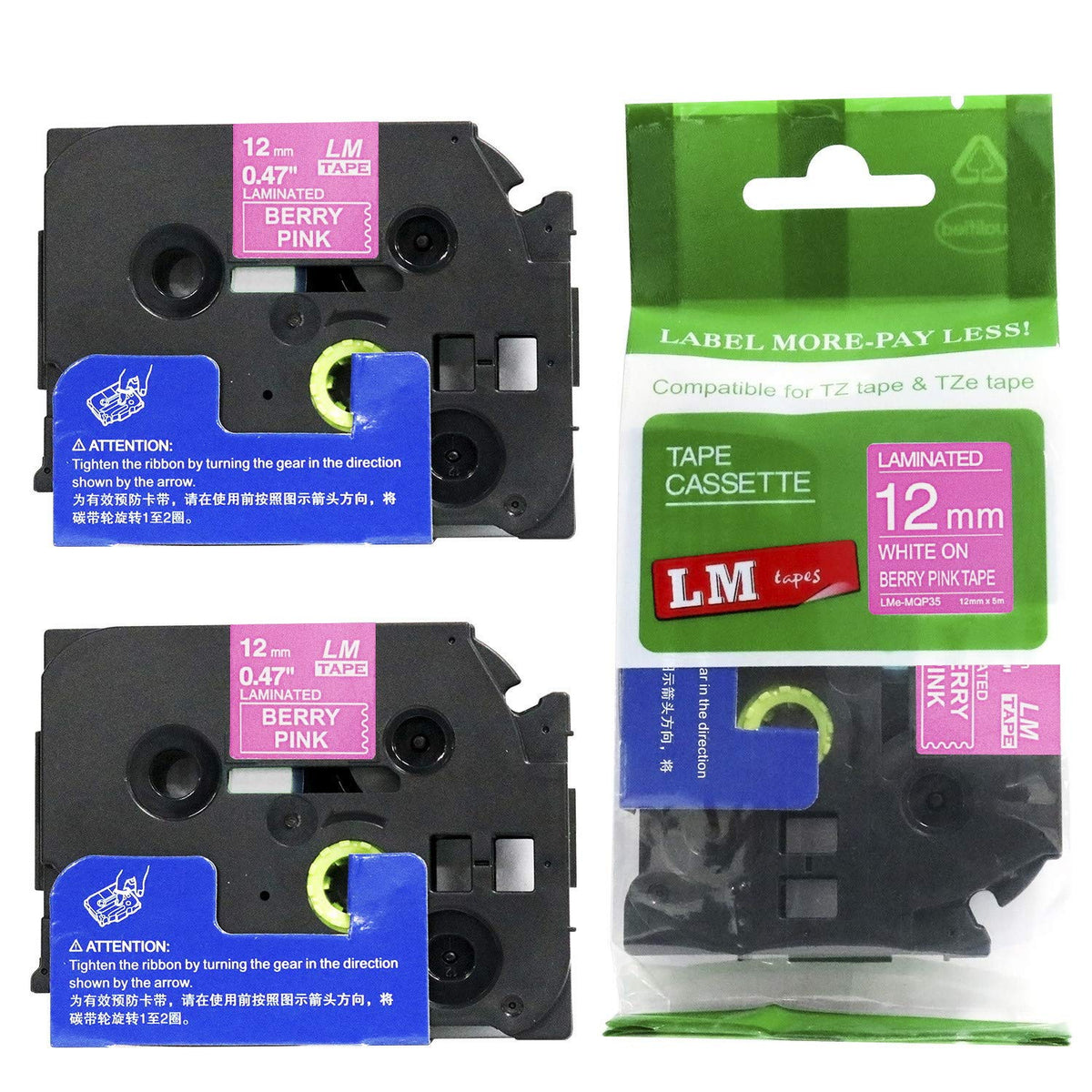 2/Pack LM Tapes - LMeMQP35 Premium 1/2" White Print on Berry Pink Label Compatible with P-Touch
