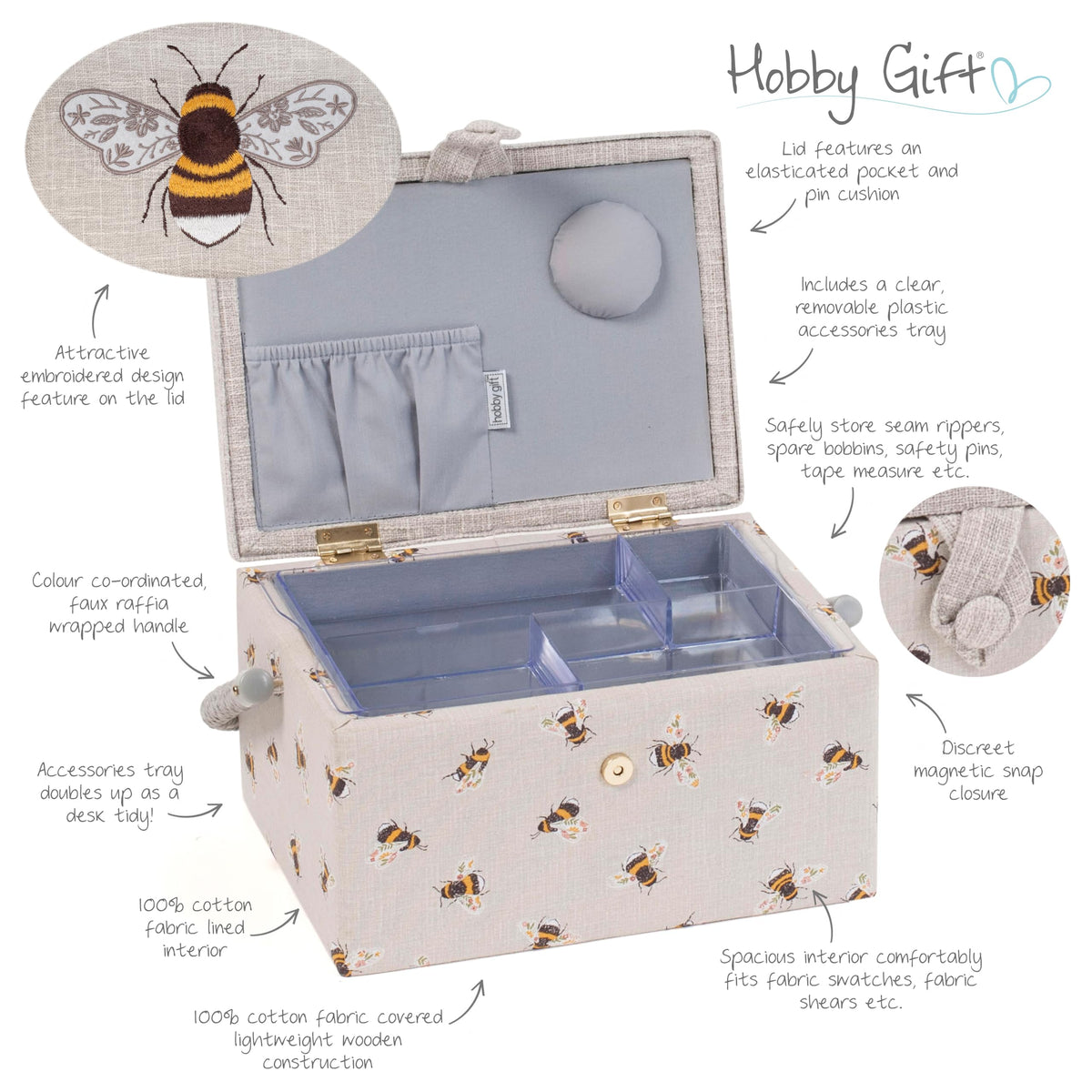 Hobby Gift Bee Sewing Gift Set with Fabric Sewing Box, Matching Pin Cushion and Tape Measure