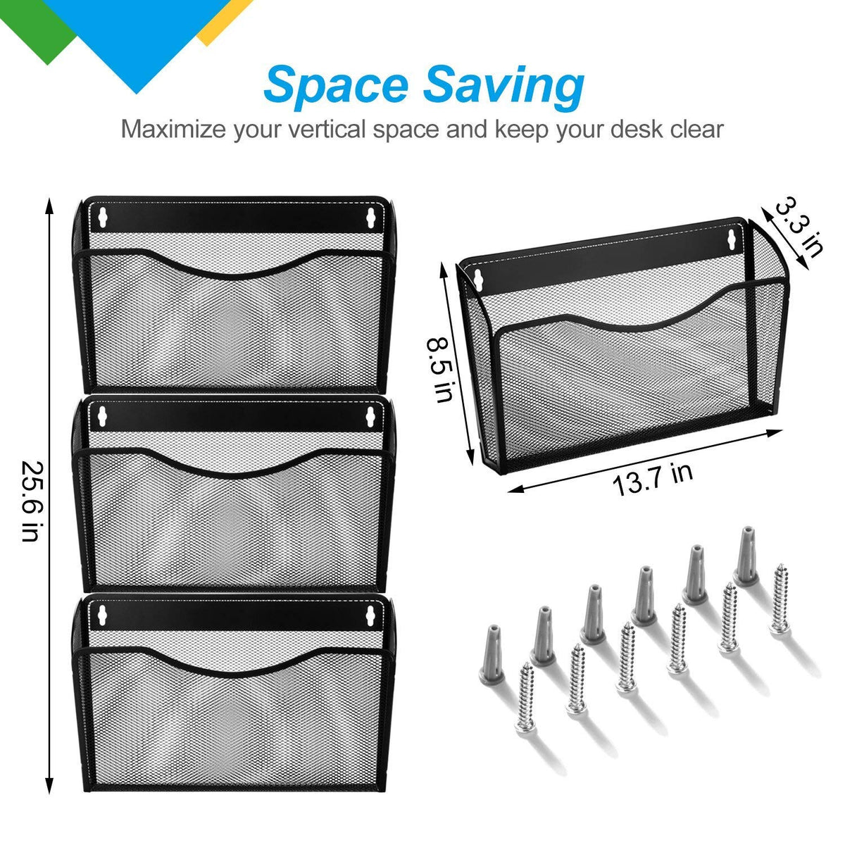 3 Pocket Wall Mount File Hanging Organizer, Metal Mesh Office Home Folder Binder Holder Magazine
