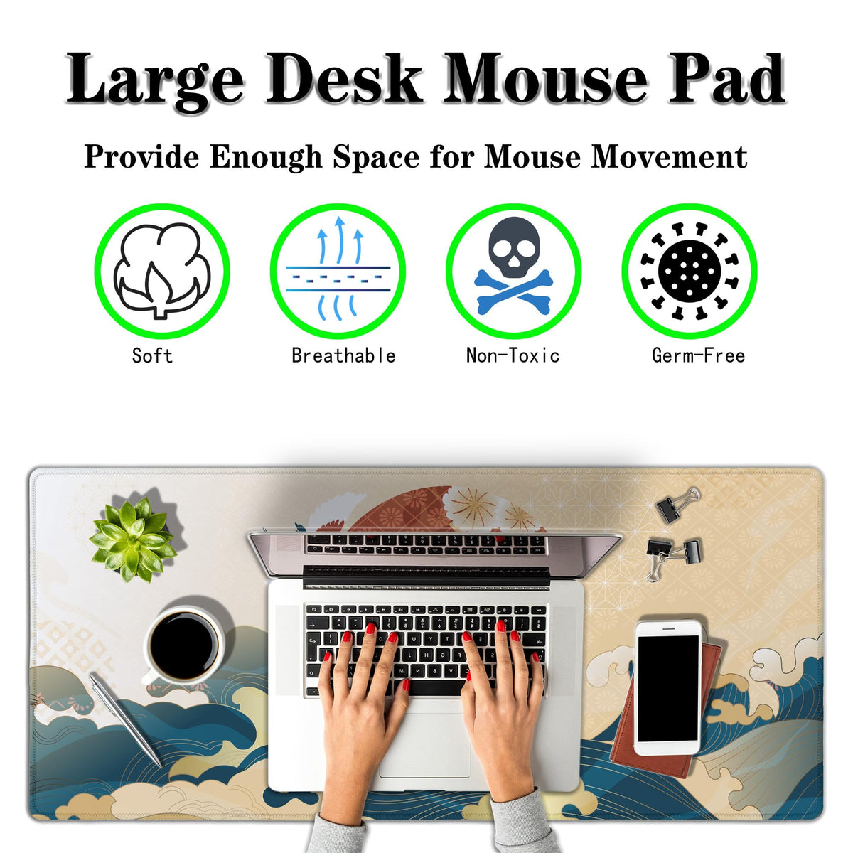 Samgula Gaming Mouse Pad Japanese Great Wave Blue Desk Pad, Big Mouse Pads Office Desk Pads, Mouse