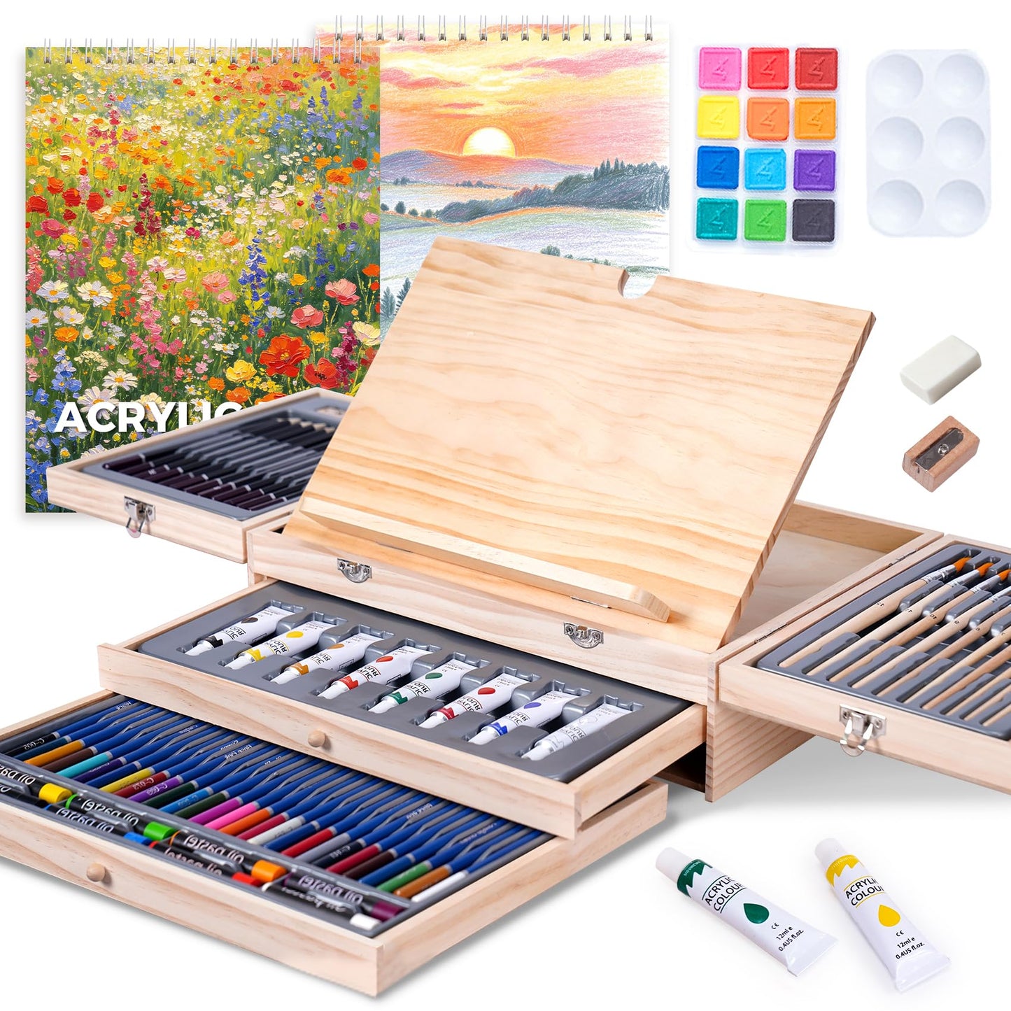 TMOL 85 Piece Deluxe Wooden Art Supplies, Art Kit with Easel, Sketching Pencils, Artist Brushes and