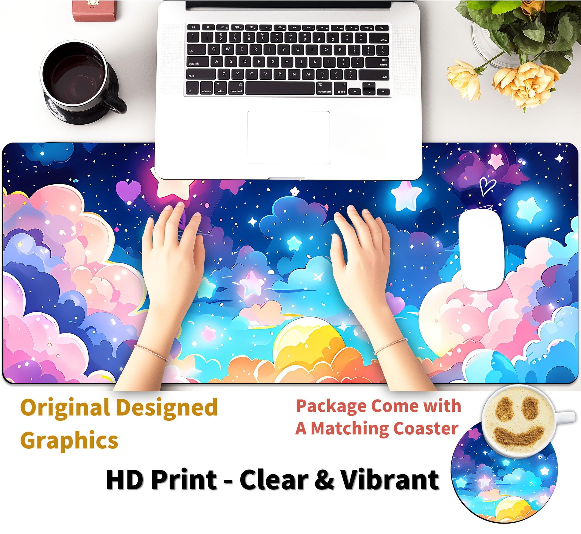 Extended Mouse Pad with Coaster 31.5 x 11.8 Desk Pad Full Desk Mousepad Stitched Edges Desk Mat
