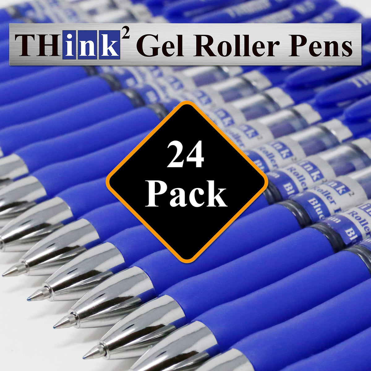 [24 Pens - Blue Ink] Think2 Retractable Gel Pens. (24 Blue) Fine Point (0.5mm) Rollerball Pens with