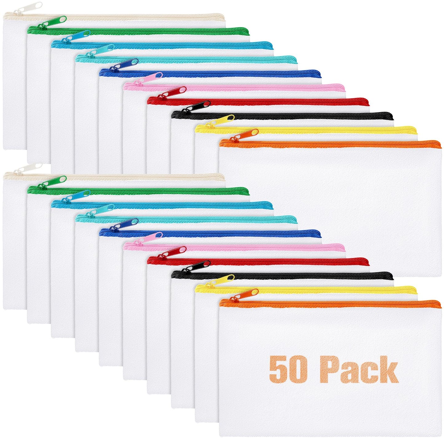 Frienda 50 Pcs Canvas Zipper Pouch Bulk Gift, White with Colorful Zipper