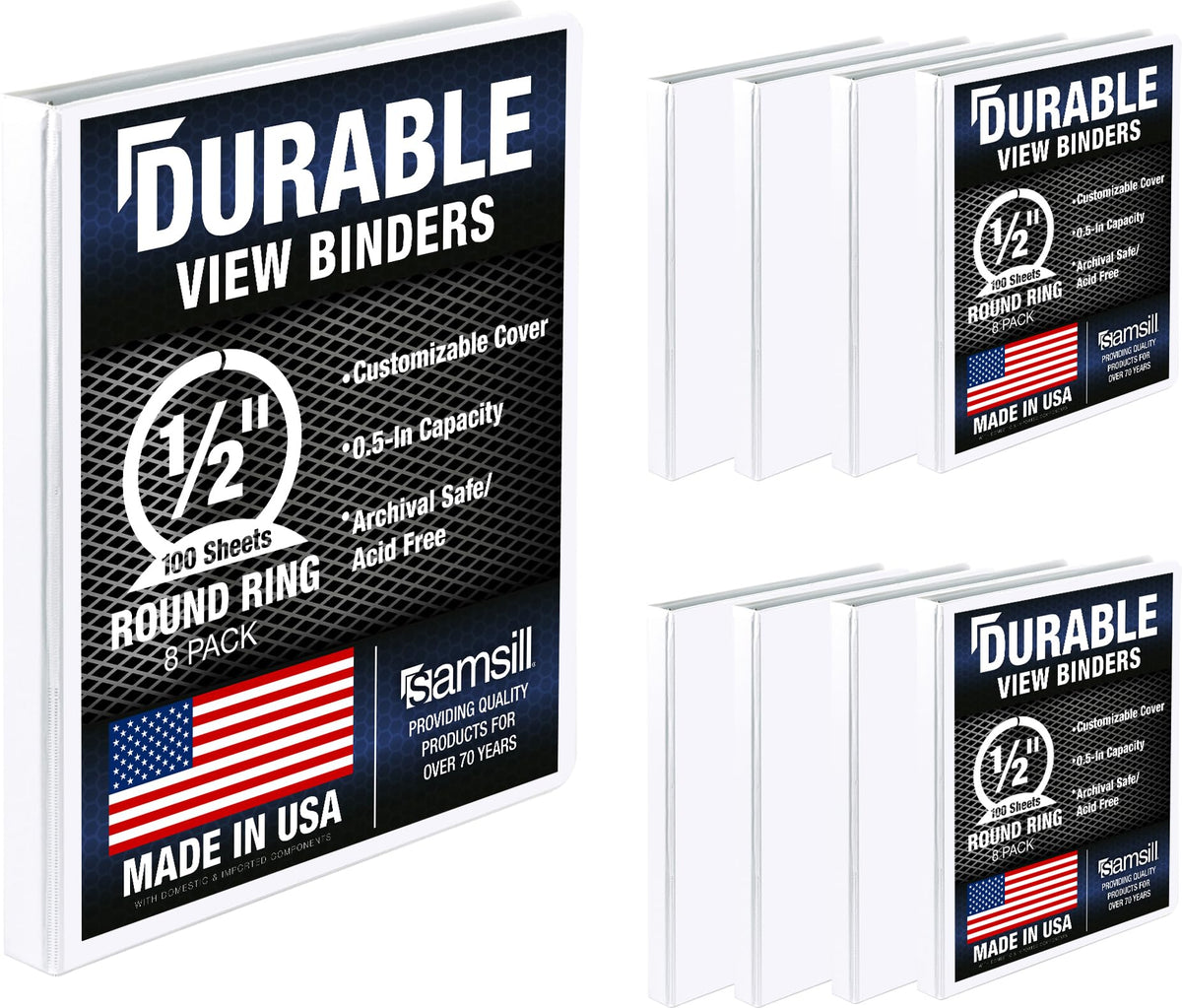 Samsill 8 Pack Durable 0.5 Inch 3 Ring Binders, Round Ring, Clear View Cover for Presentations