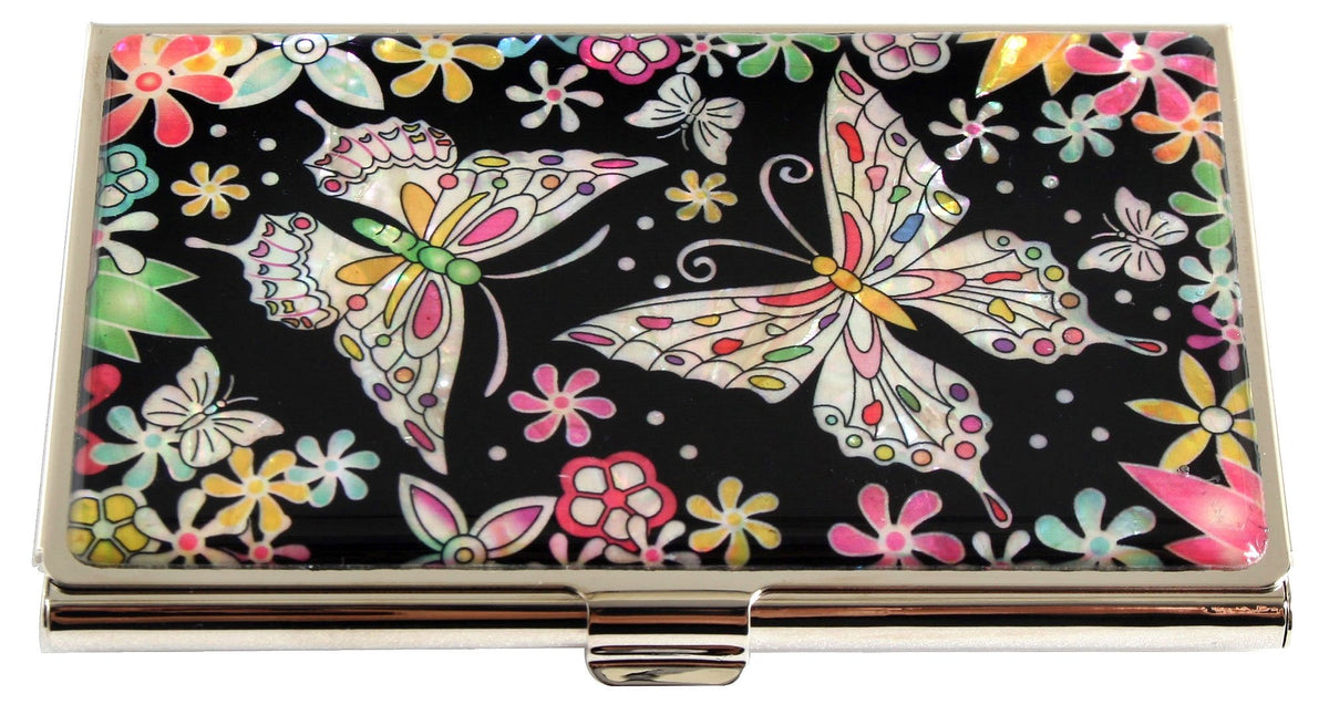 Antique Alive Mother of Pearl Butterfly Design Cash Money Business Credit Name Id Card Holder Case
