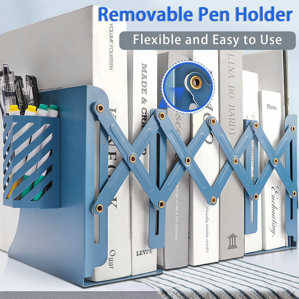 Heavy Duty Book Ends to Hold Books with Pen Holder, Carooyac Adjustable Bookends, Metal Book Ends