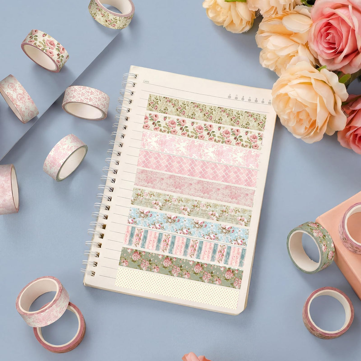 YooNotee 12 Rolls Floral Washi Tape Set,Vintage Pink,Rose