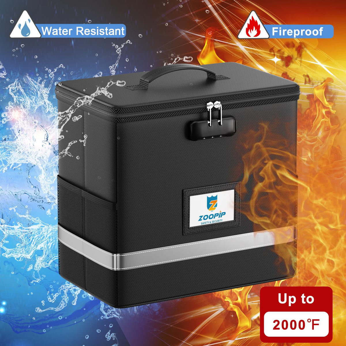 ZOOPIP Fireproof File Box with Lock, Collapsible Document Organizer, Black