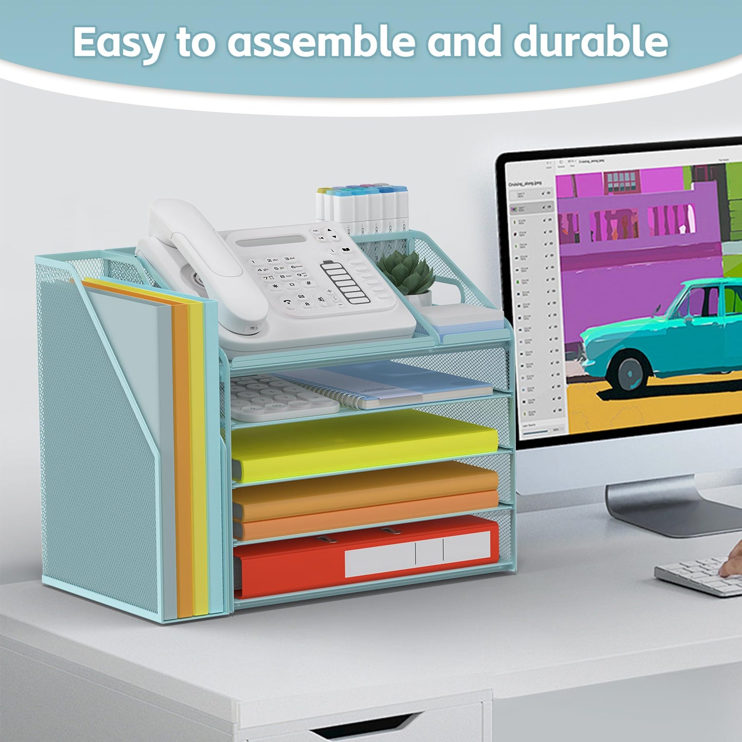 DocNest 5 Tier Metal Mesh Desk File Organizer with Phone Shelf, Blue