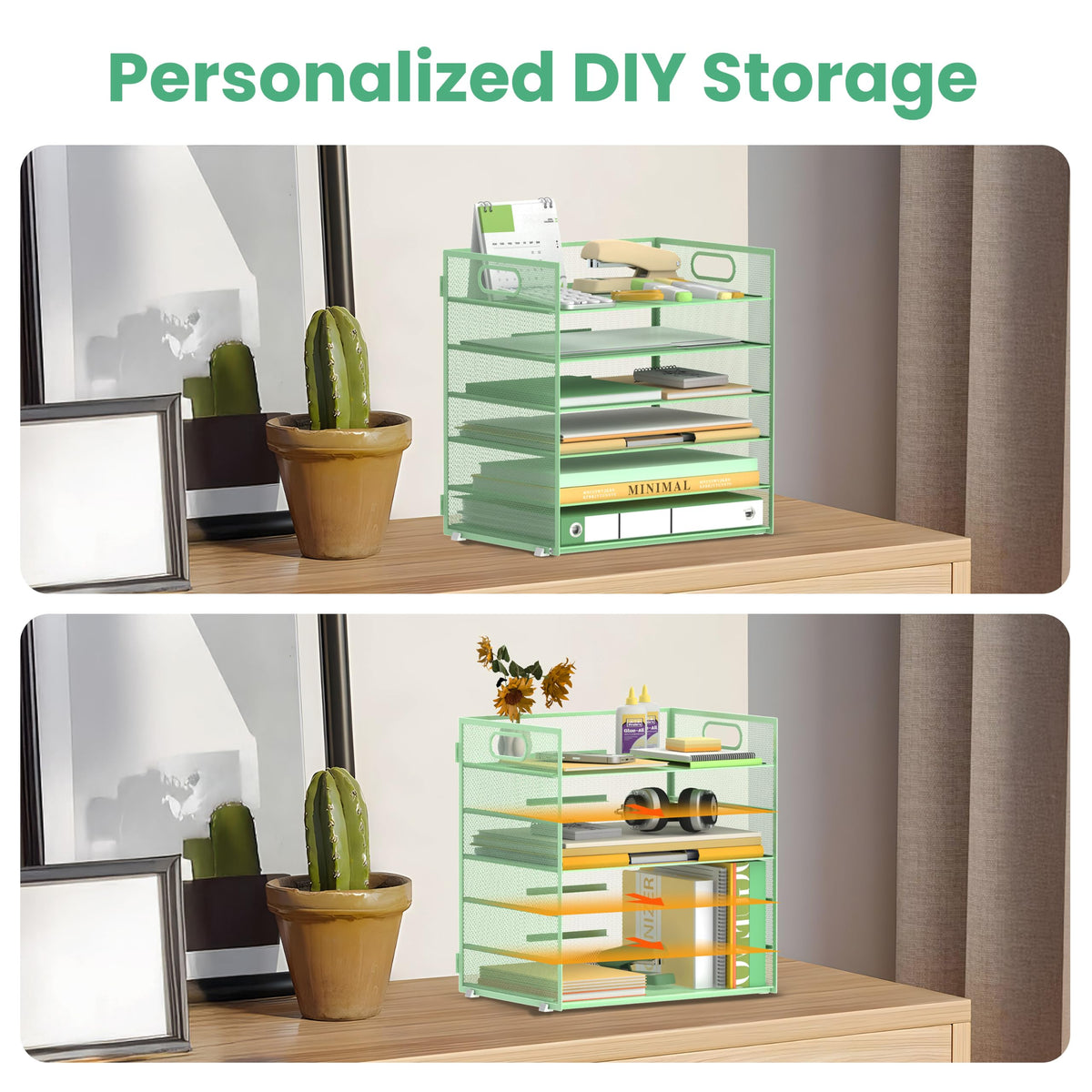 Daltack 6-Tier Paper Organizer for Desk with Handle, Green, 2 Pack