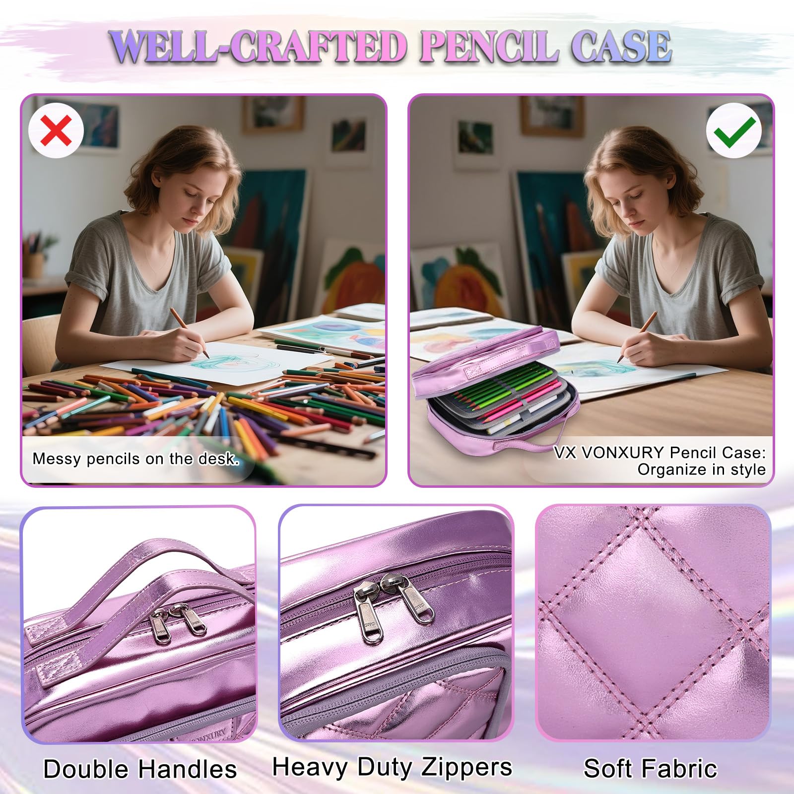 VX VONXURY Pencil Case, Large Capacity Pencil Pouch Portable Cosmetic Bag with 2 Detachable Layers