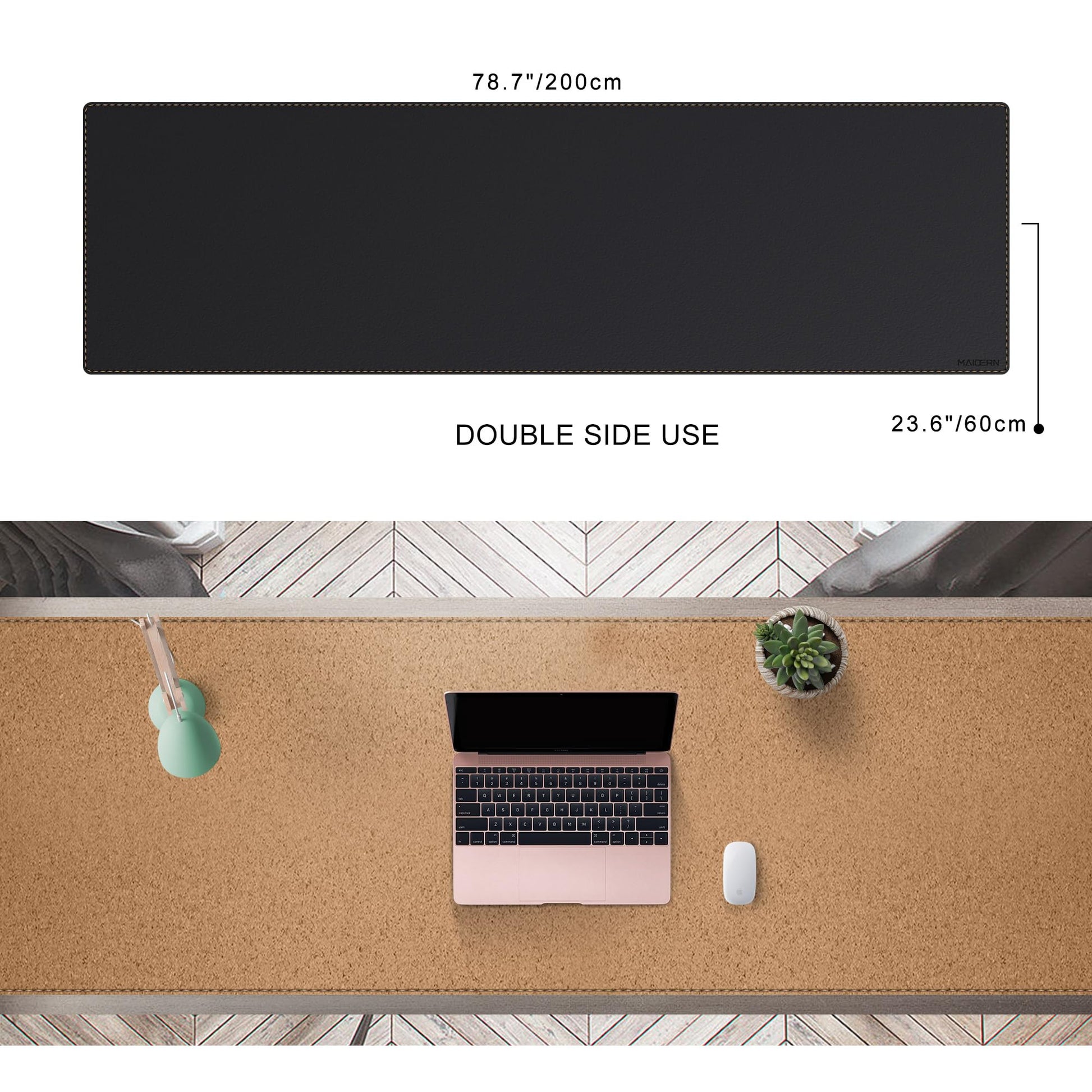 MAIDERN Cork & Leather Desk Mat, 78.7” x 24” Large Desk Pad (Black)