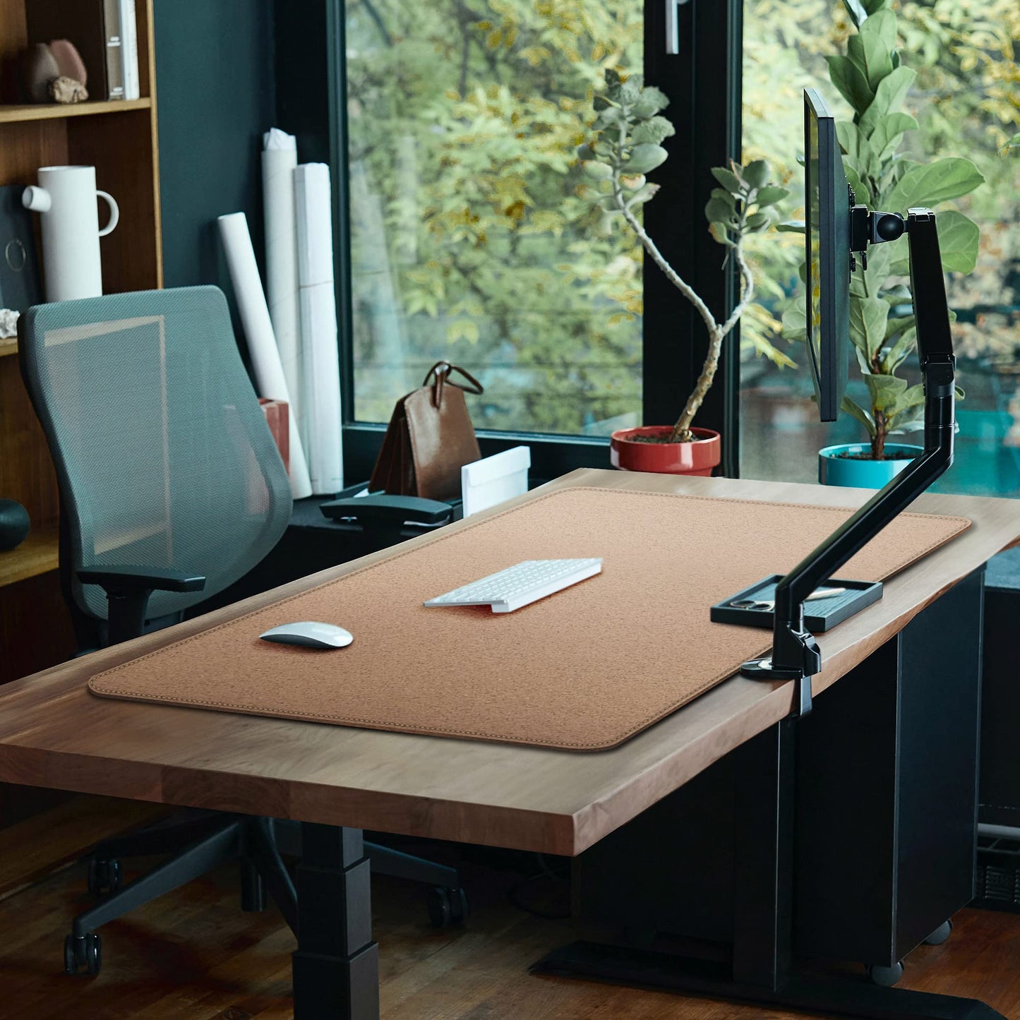 Cacoy 48"x24" Dual-Sided Desk Pad Blotter, Cork & PU Leather Desk Mat,Black