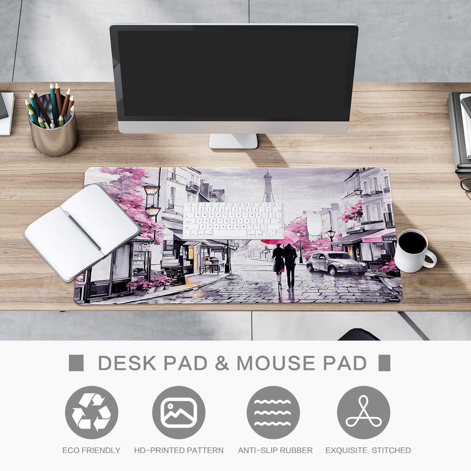 Lokigo Paris Eiffel Tower Desk Pad,Mouse Pad,Romantic Vintage Gray Pink Large Desk Mat for Girls