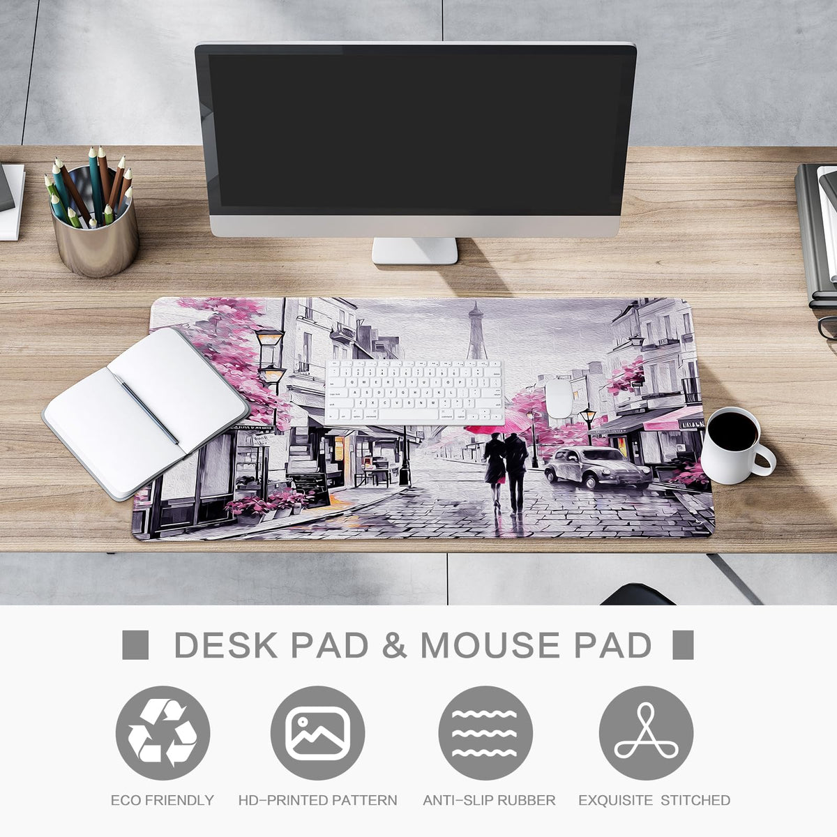 Lokigo Desk Mat for Keyboard and Mouse, Large Mouse Pad, Paris Eiffel Tower Desk Pad Mat, Romantic