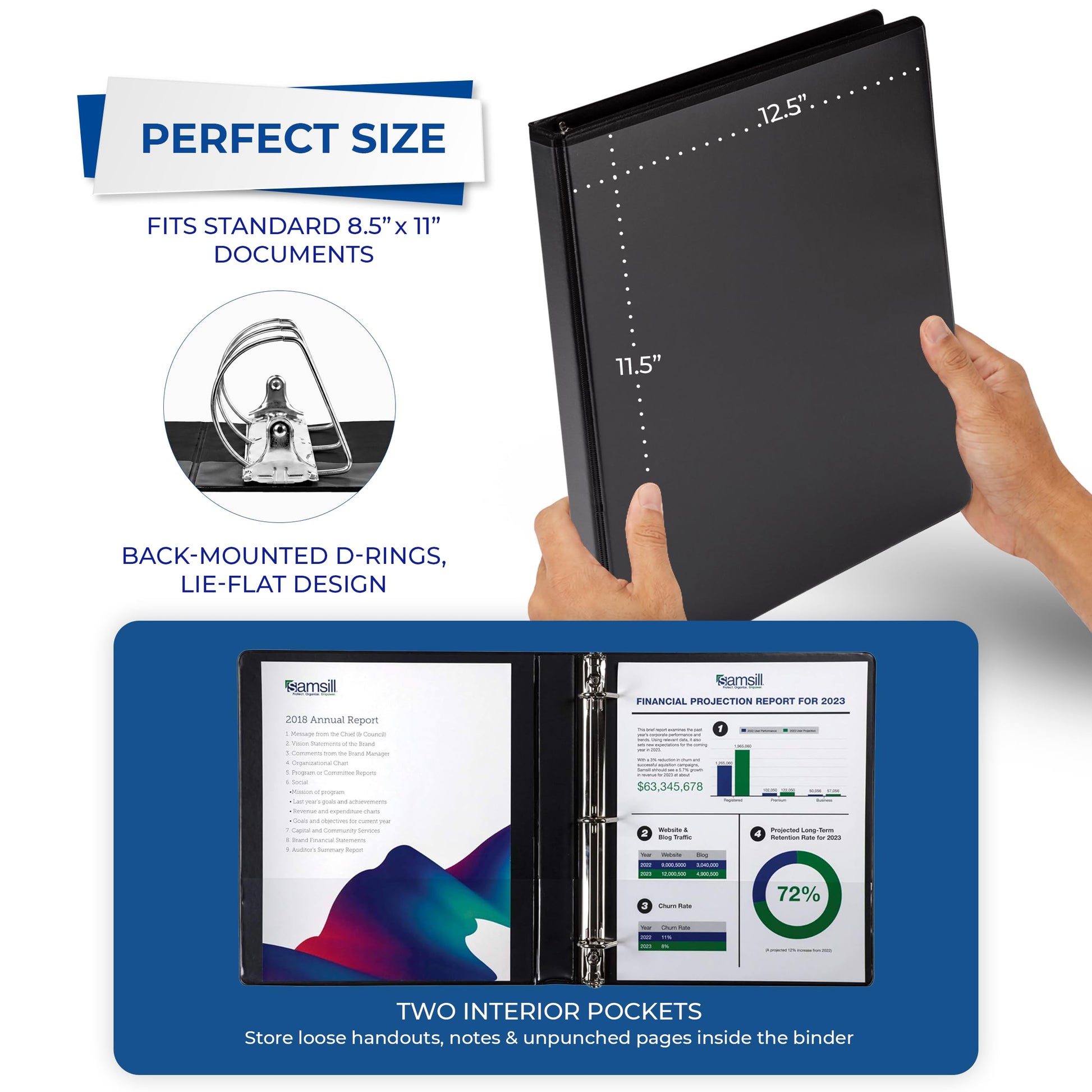 Samsill Durable 0.5 inch 3 Ring Binder, D Ring Binder, 100% Recycled Chipboard, Black, 4 Pack