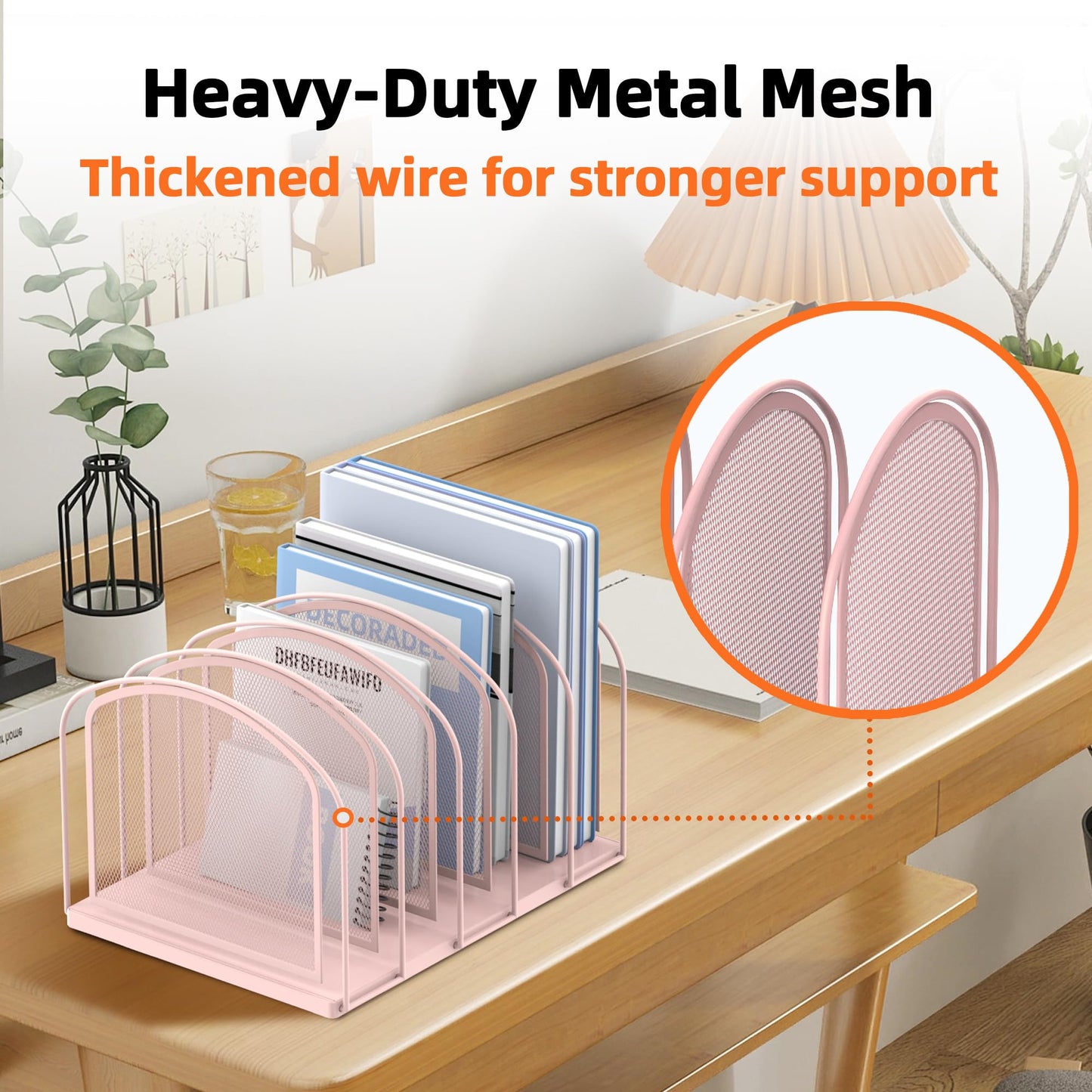 SUPEASY 5-Section Vertical File Organizer, Mesh Desk Organizer, Pink