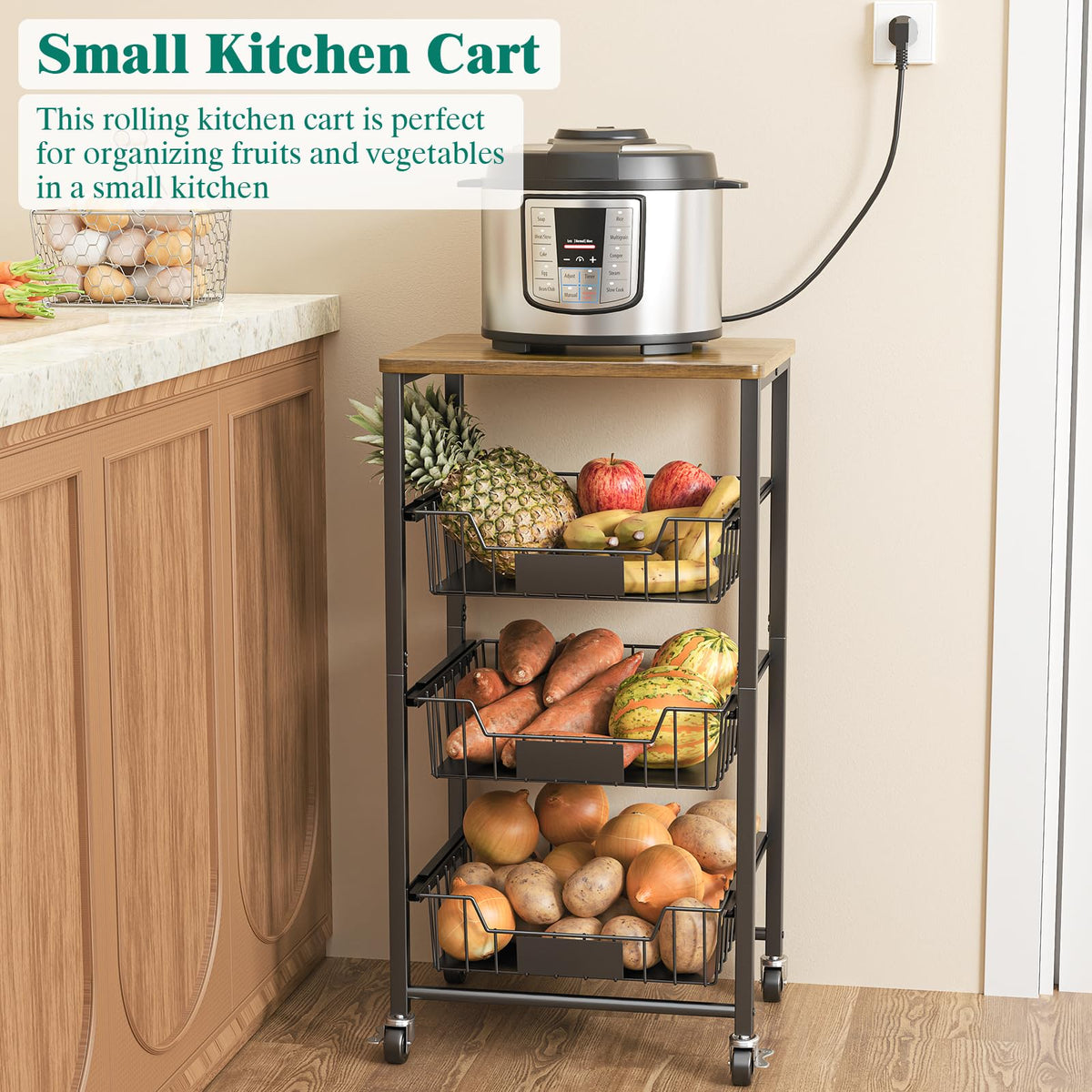 XYZLVSI 4 Tier Rolling Kitchen Cart Fruit Vegetable Storage Basket Rack