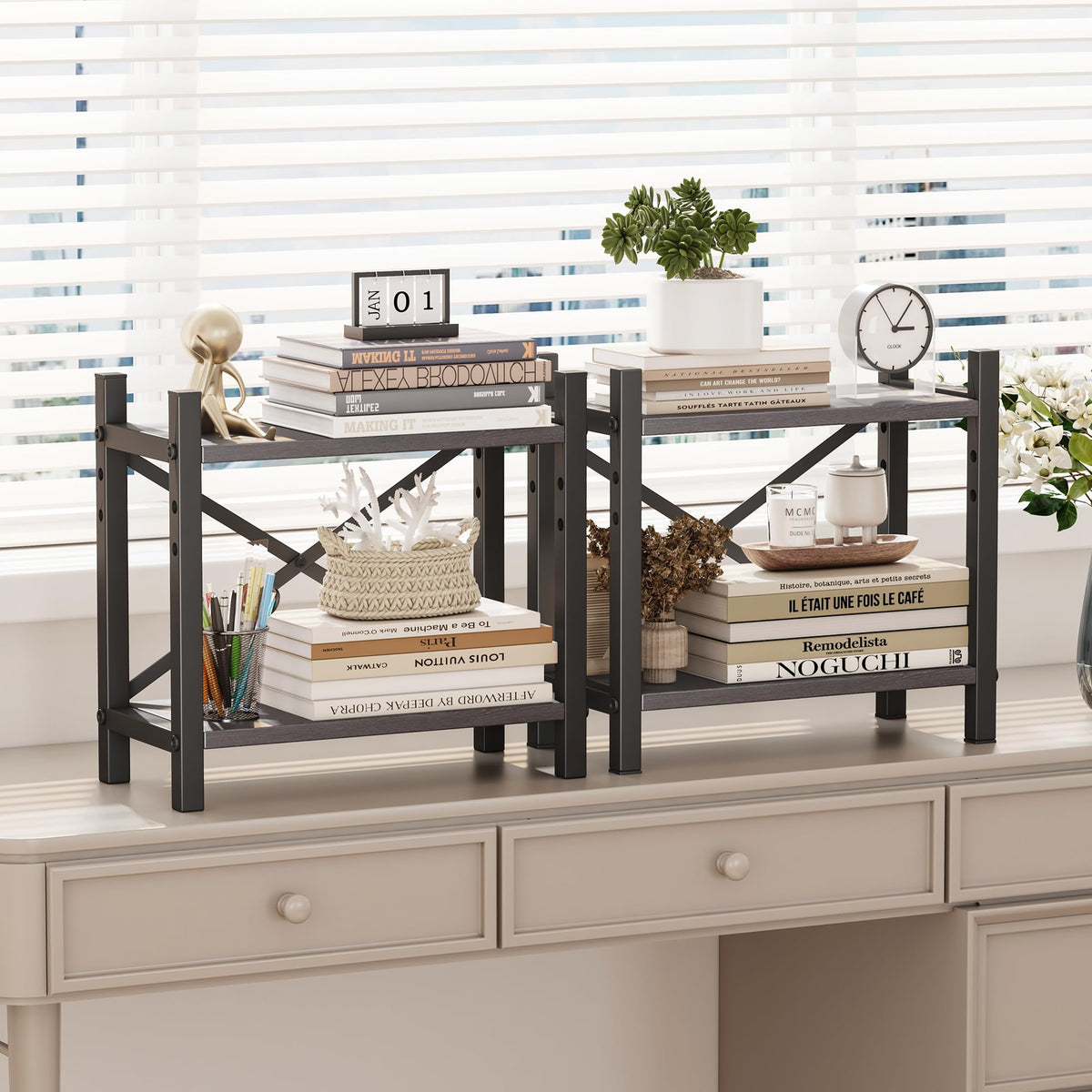 Desktop Bookshelf, 4-Tier Stackable Narrow Bookcase, Adjustable Industrial Desk Organizer & Hutch