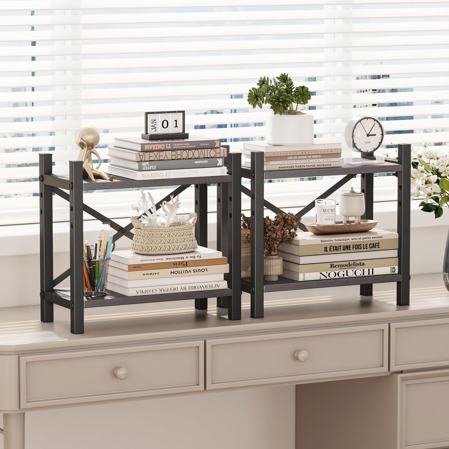 2-Pack Desktop Bookshelf, 4-Tier Stackable Narrow Bookcase, Adjustable Industrial Desk Organizer &