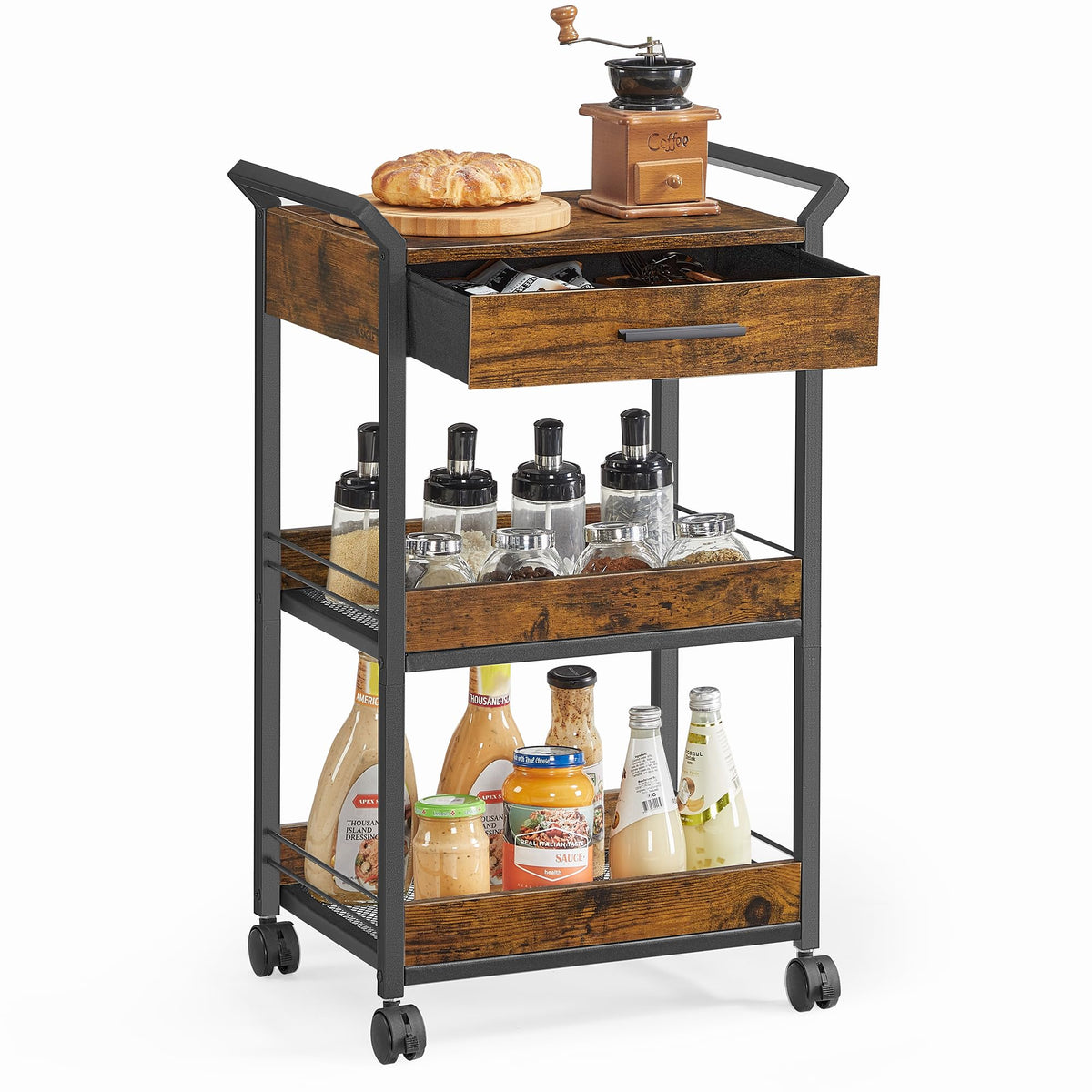 VASAGLE Storage Cart, 3-Tier Rolling Utility Cart with Table Top