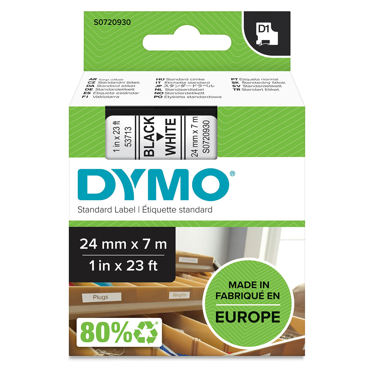 DYMO 53713 D1 High-Performance Polyester Removable Label Tape, 1" x 23 ft, Black on White