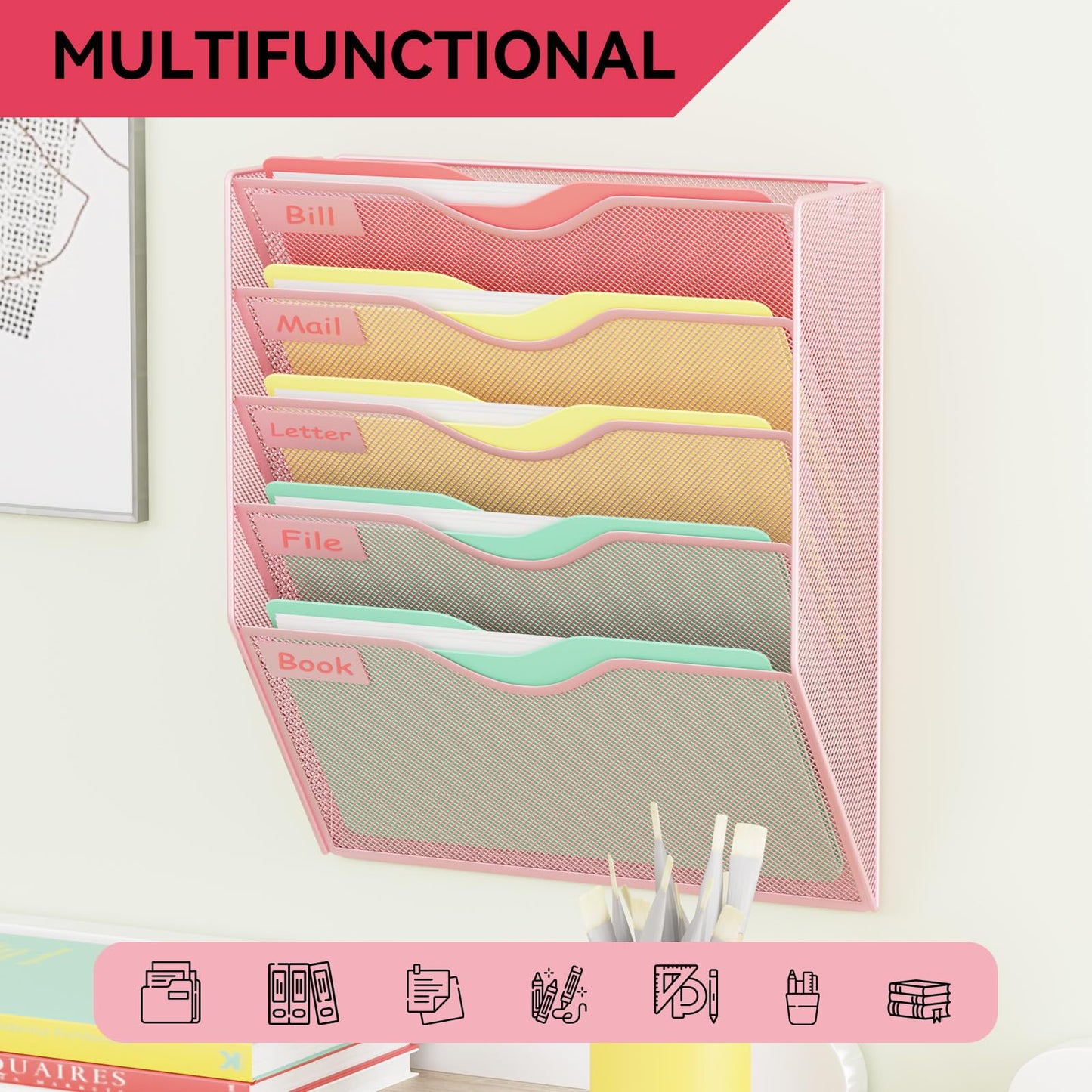 GDINDINFAN 5 Pockets Hanging Wall File Organizer Mail Holder, Wall Mounted Paper Document Folder