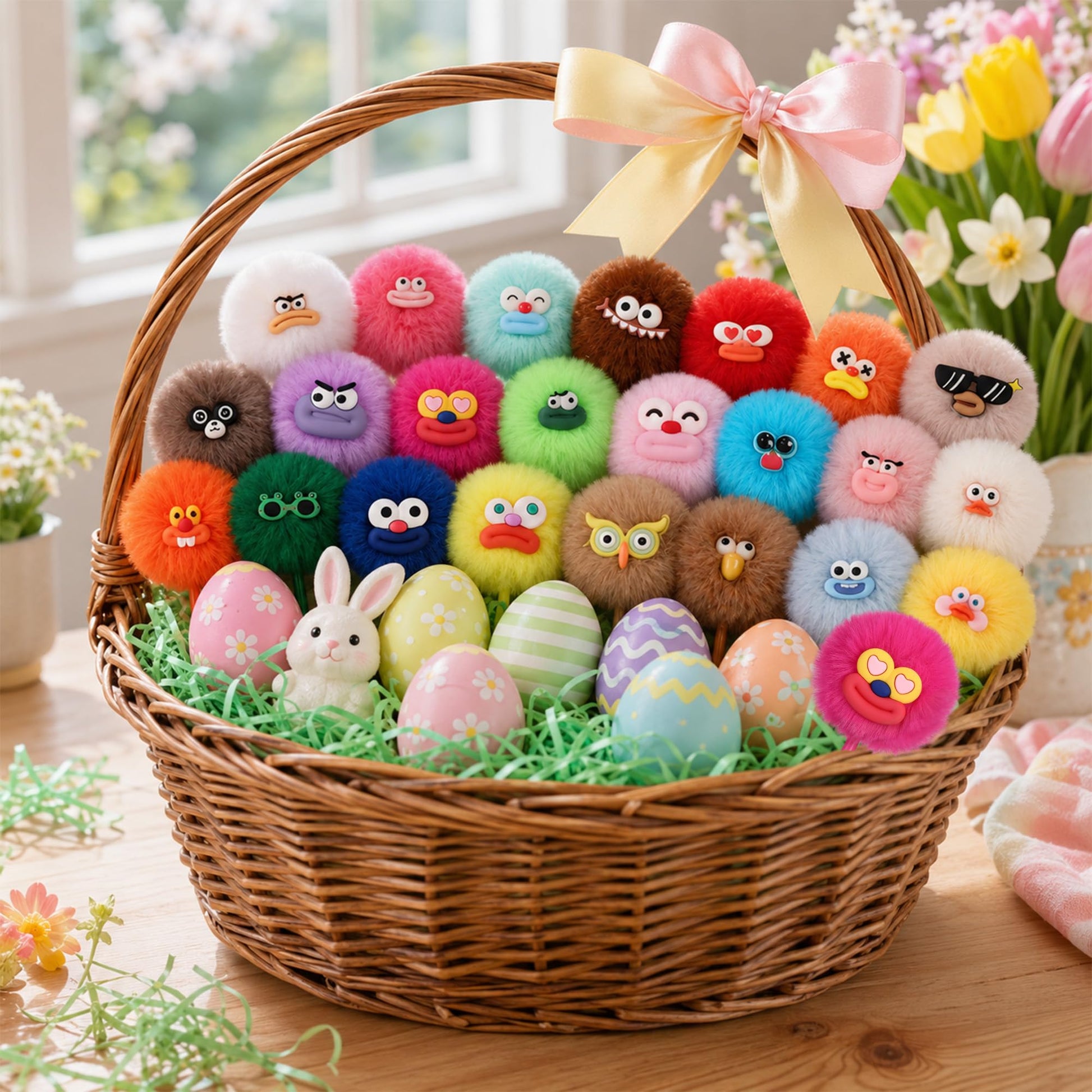 CZWZ 24 Pack Pom Pom Pens Fluffy Cute Pens - Funny Emoji Face Kawaii Plush Novelty Gel Ink Pens