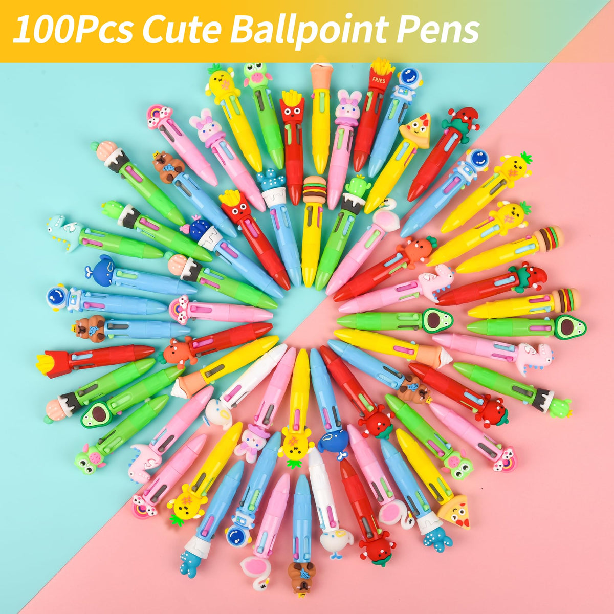 LiYiQ 100 PCS Multicolor Pen in One Fun 4-in-1 Cute Pens Bulk Kawaii Cool Ballpoint Pens Fun Gifts