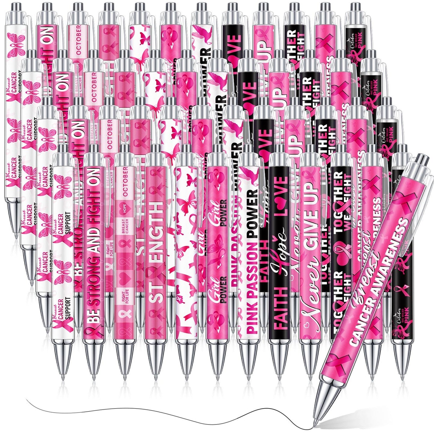 Cholemy 48 Pcs Breast Cancer Awareness Pens Bulk Pink Ribbon Ballpoint Pens
