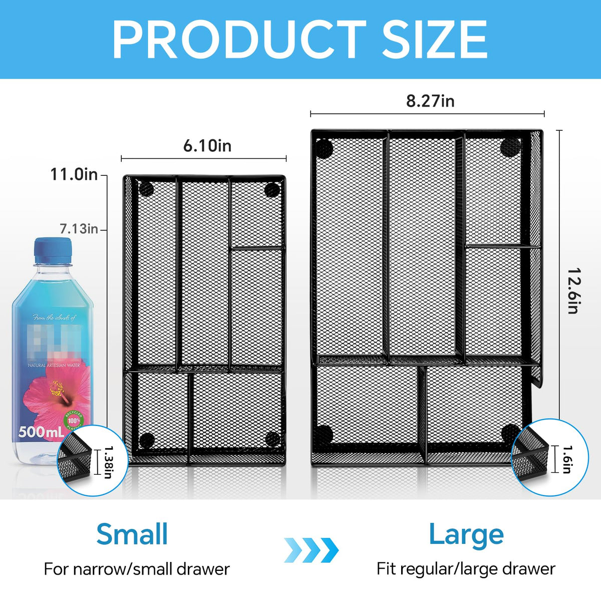 Desk Drawer Organizer, Office Drawer Divider Organizer Tray with 6 Compartments, Metal Mesh Desktop