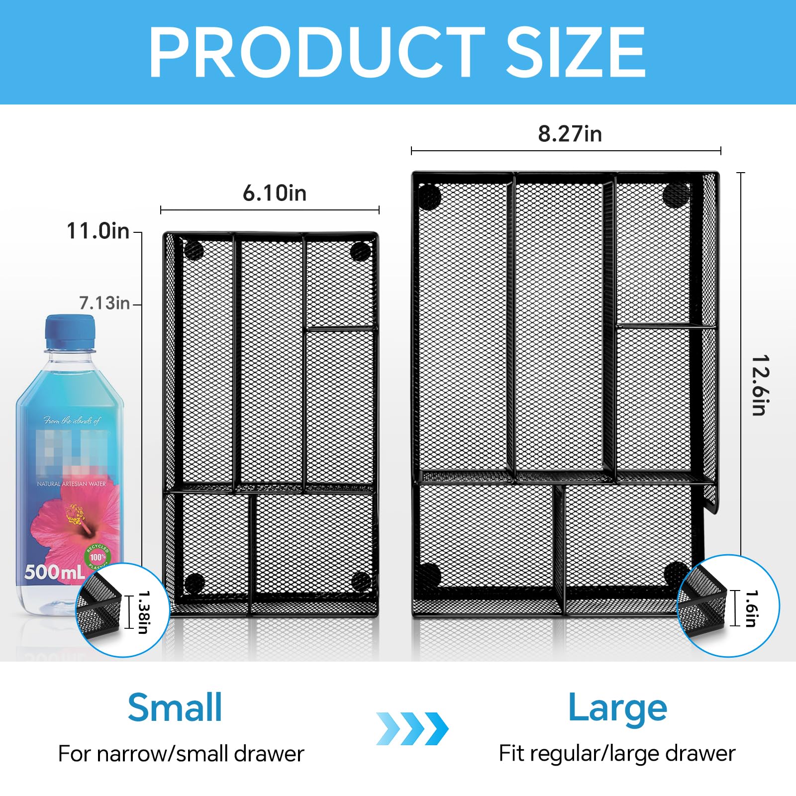 Desk Drawer Organizer, Office Drawer Divider Organizer Tray with 6 Compartments, Metal Mesh Desktop