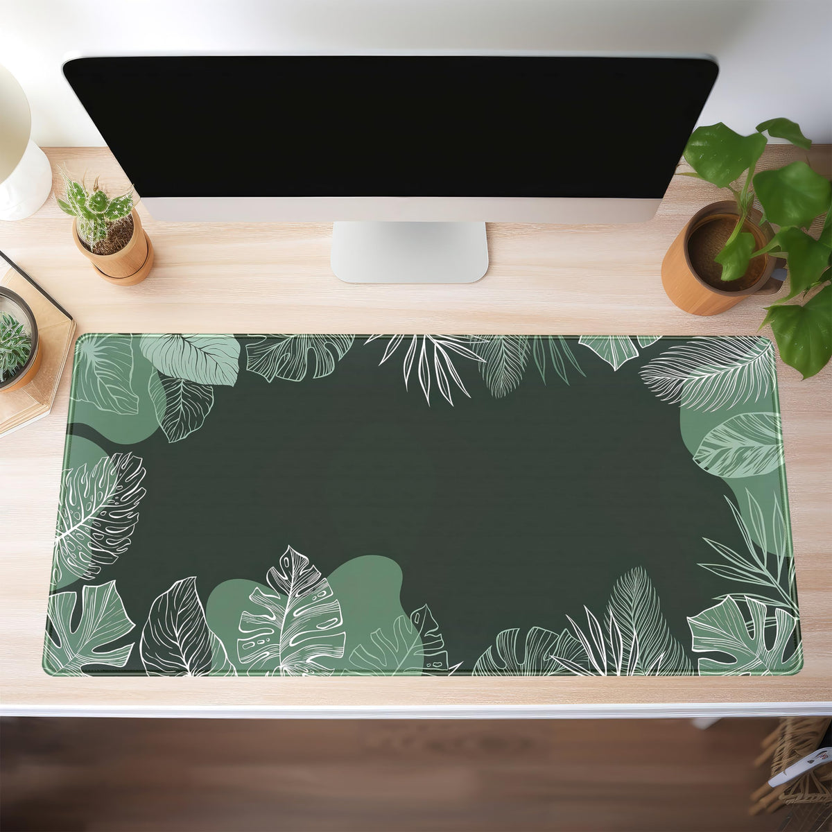 Green Plants Desk Mat Tropical Leaves Mouse Pad Cute, Large Extendded Gaming Deskmat, XXL Laptop