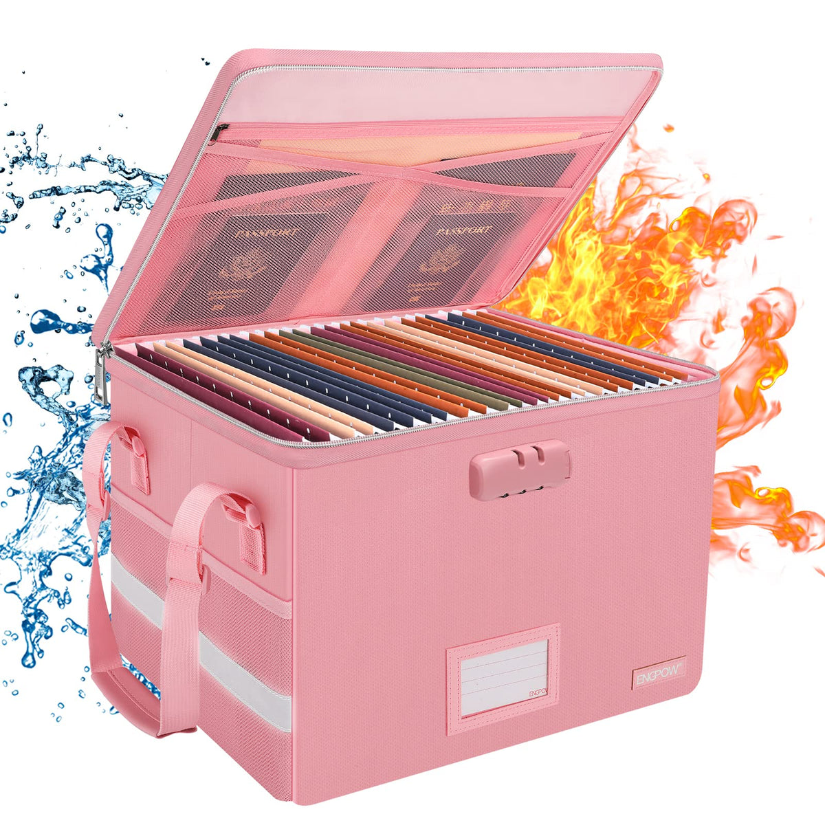 ENGPOW File Box with Lock, Fireproof Document Box with Zipper＆Pockets, Collapsible File Organizer