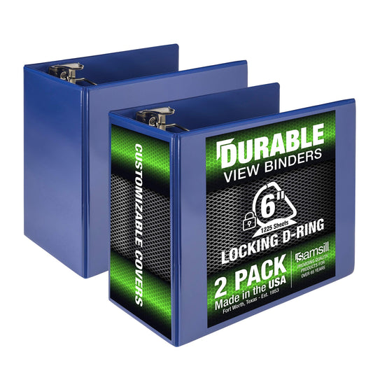 Samsill Durable 6 inch 3 Ring Binder, Locking D Ring 100% Recycled Chipboard, Blue, 2 Pack