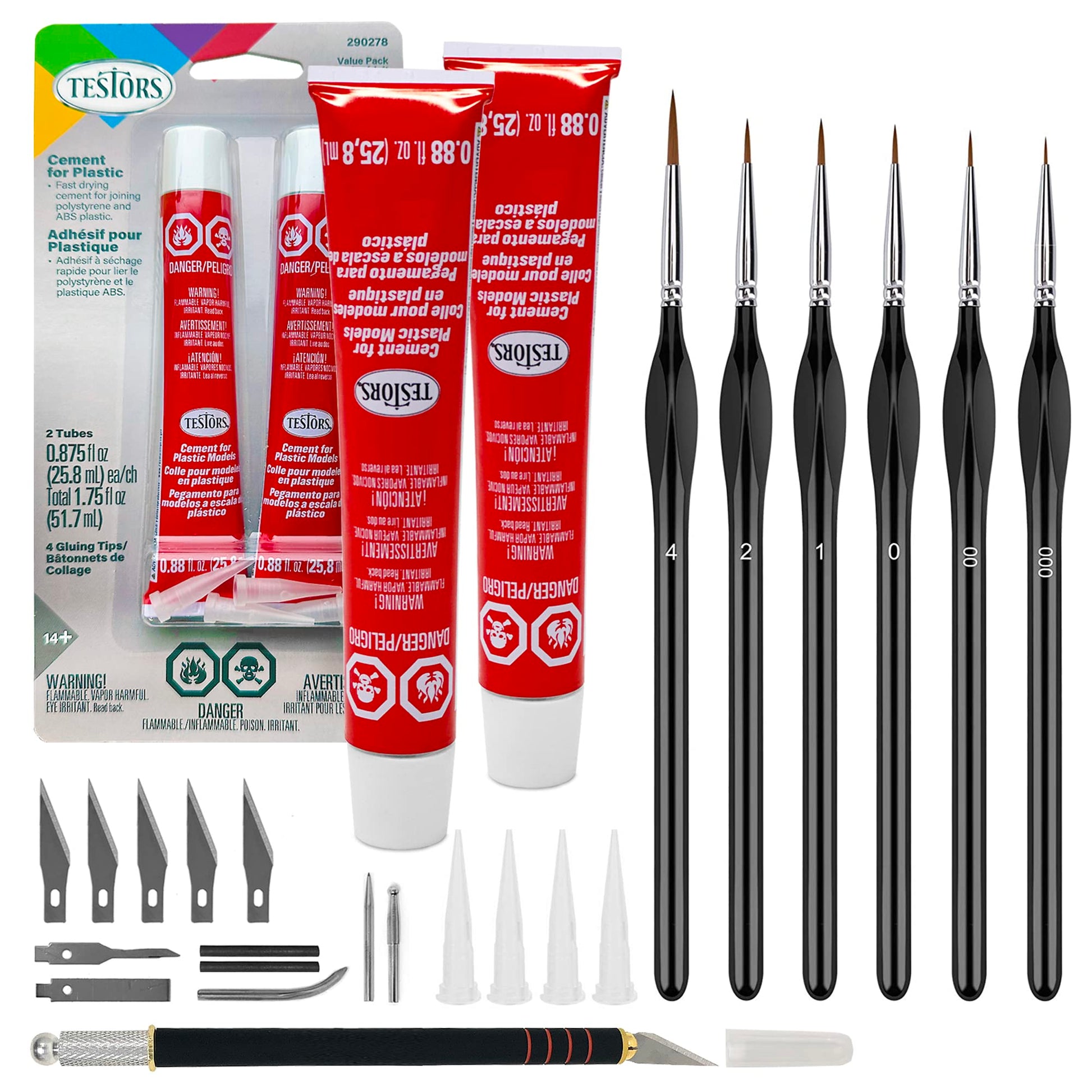Testors Cement Plastic Model Glue Adhesive 2-Pack, 6 Fine Detail Miniatures Paint Brushes