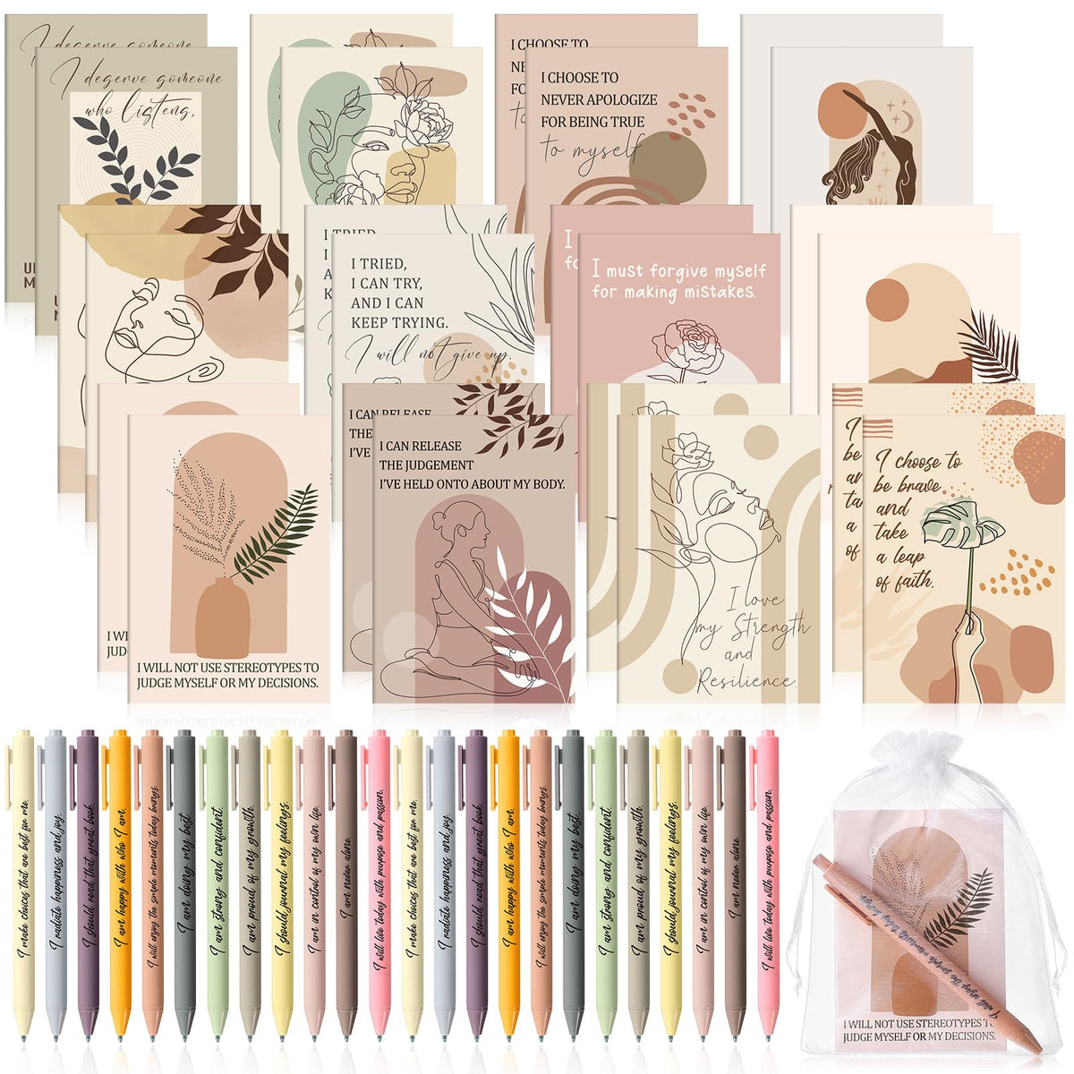 Mooliwe 48 Pcs Affirmation Notebooks Pens Bulk Gifts, Gratitude,Boho