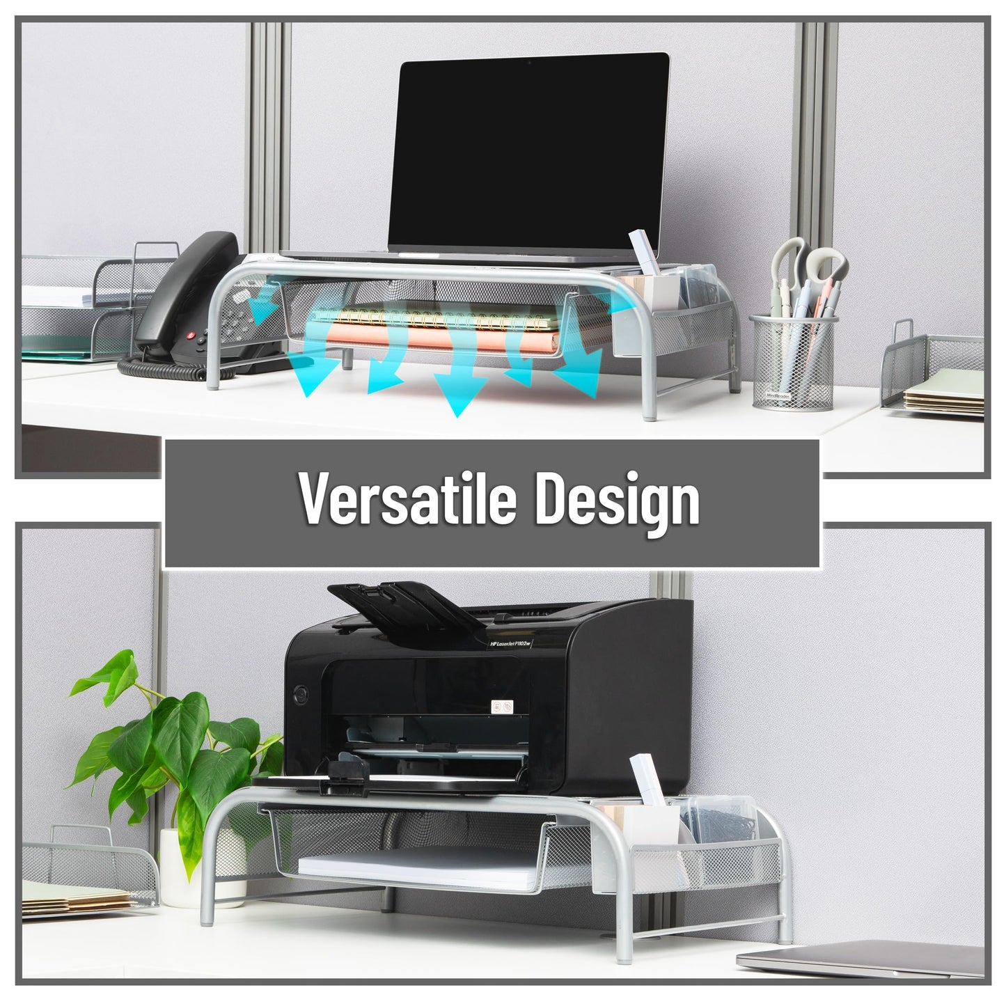 Mind Reader Monitor Stand, Ventilated Laptop Riser, Paper Tray, Storage, Office, Metal Mesh, 20"L x