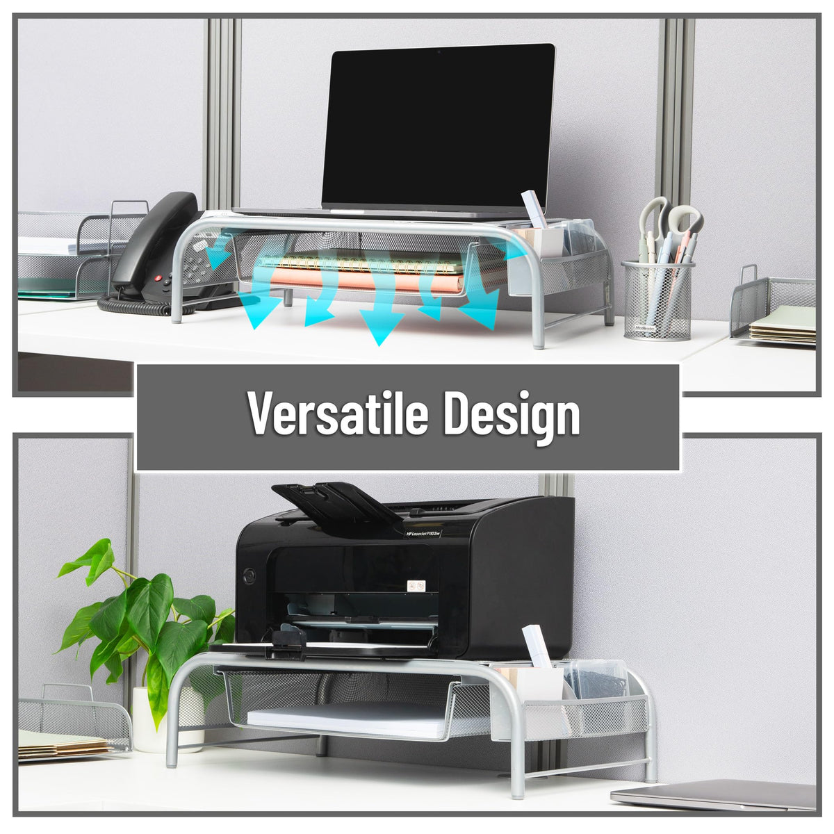 Mind Reader Monitor Stand, Ventilated Laptop Riser, Paper Tray, Storage, Office, Metal Mesh, 20"L x