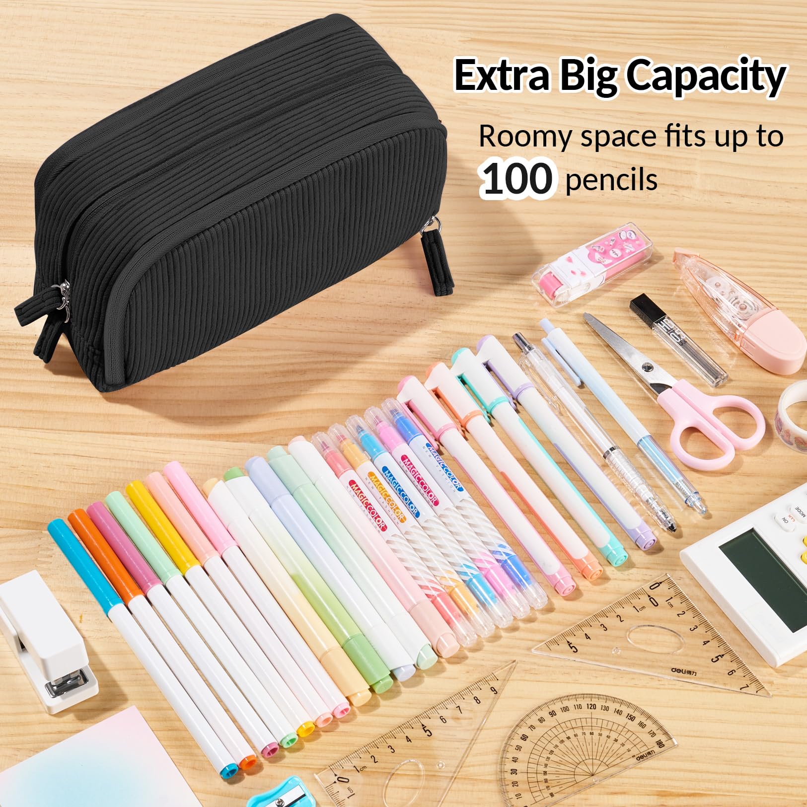 Sooez Big Capacity Pencil Case Pen Pouch, Soft Corduroy Pencil Bag