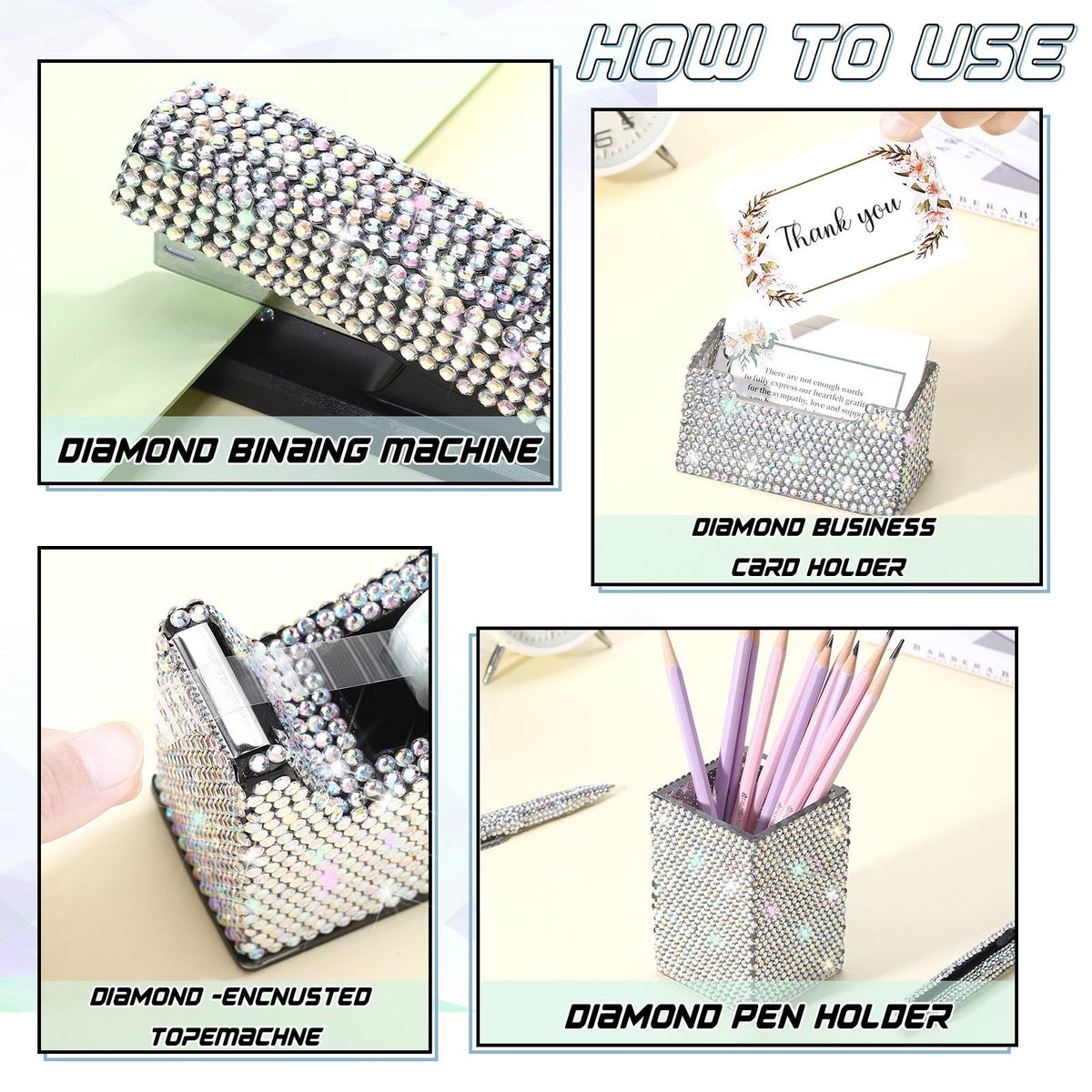 Demissle White 7 Pcs Bling Desk Accessories Set Office Kit for Women
