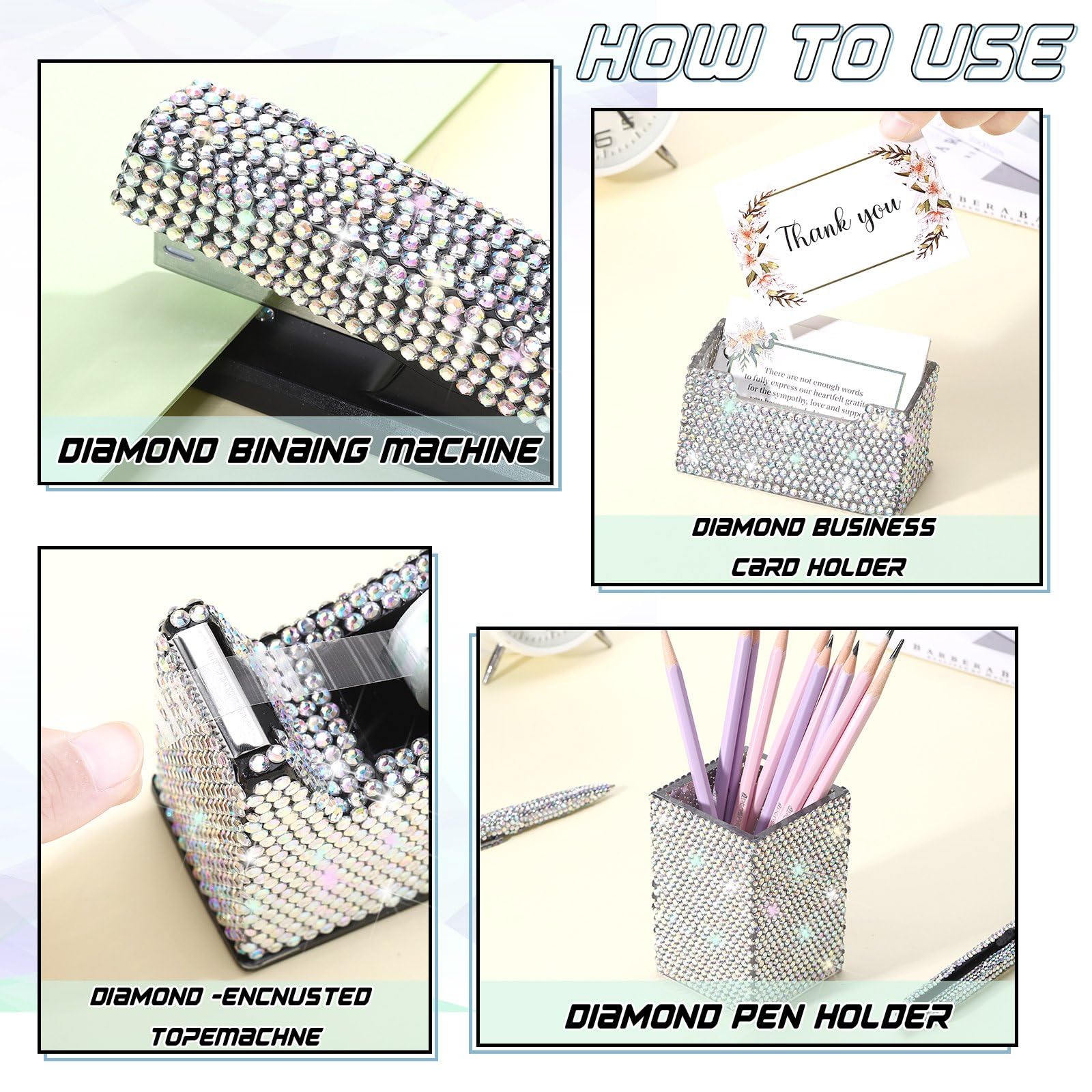 Demissle White 7 Pcs Bling Desk Accessories Set Office Kit for Women