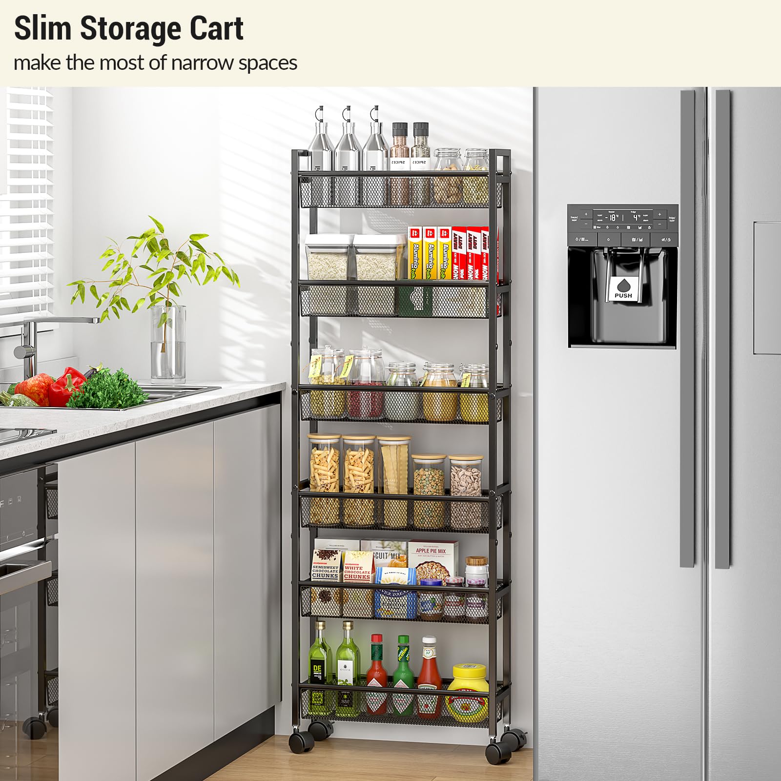 ThreeHio 6 Tier Slim Storage Cart, Narrow Cart with Wheels, Metal Mobile Shelving Unit Organizer